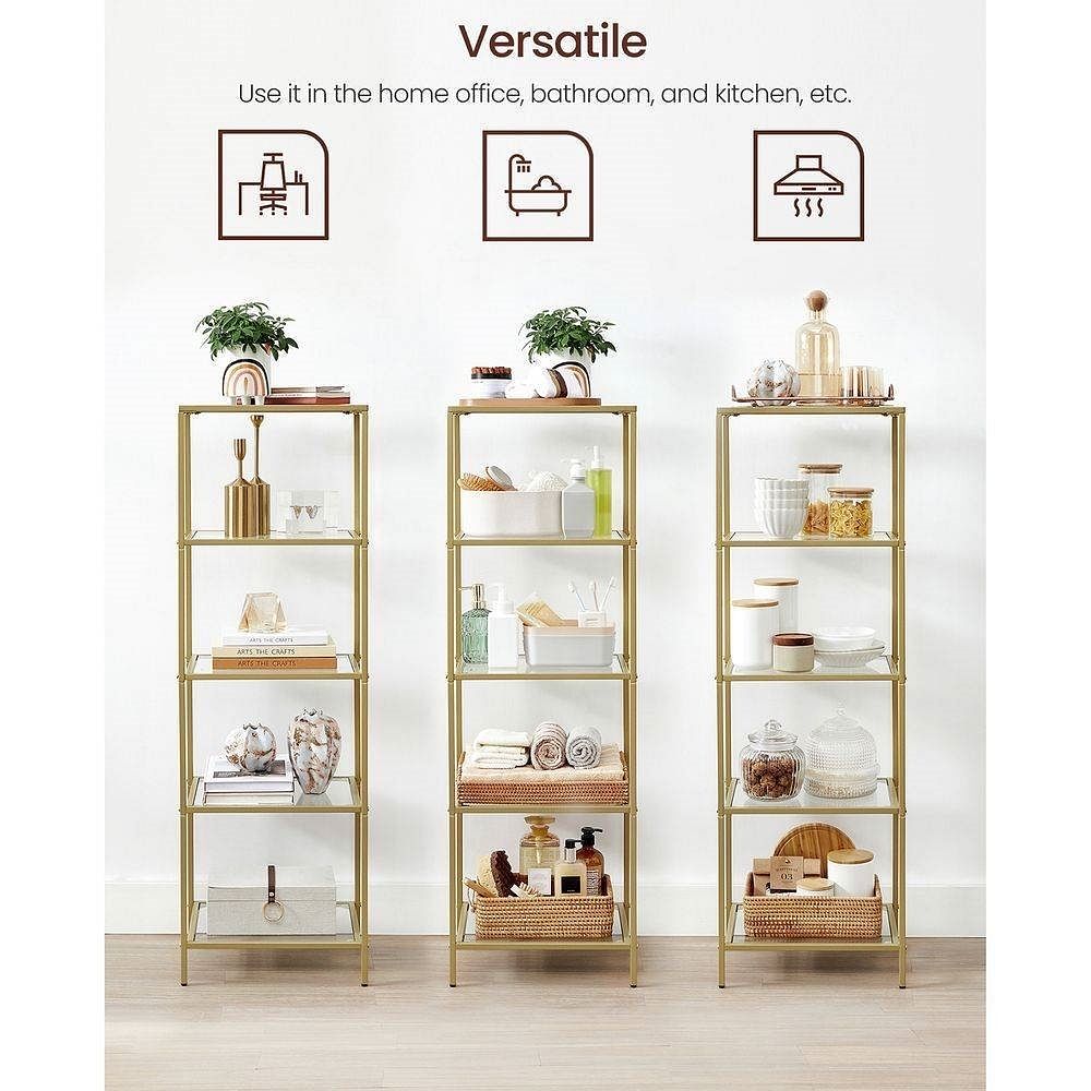 Narrow Gold Metal Frame Glass Shelves Shelving Unit Slim 4-Shelf Bookcase - Free Shipping 