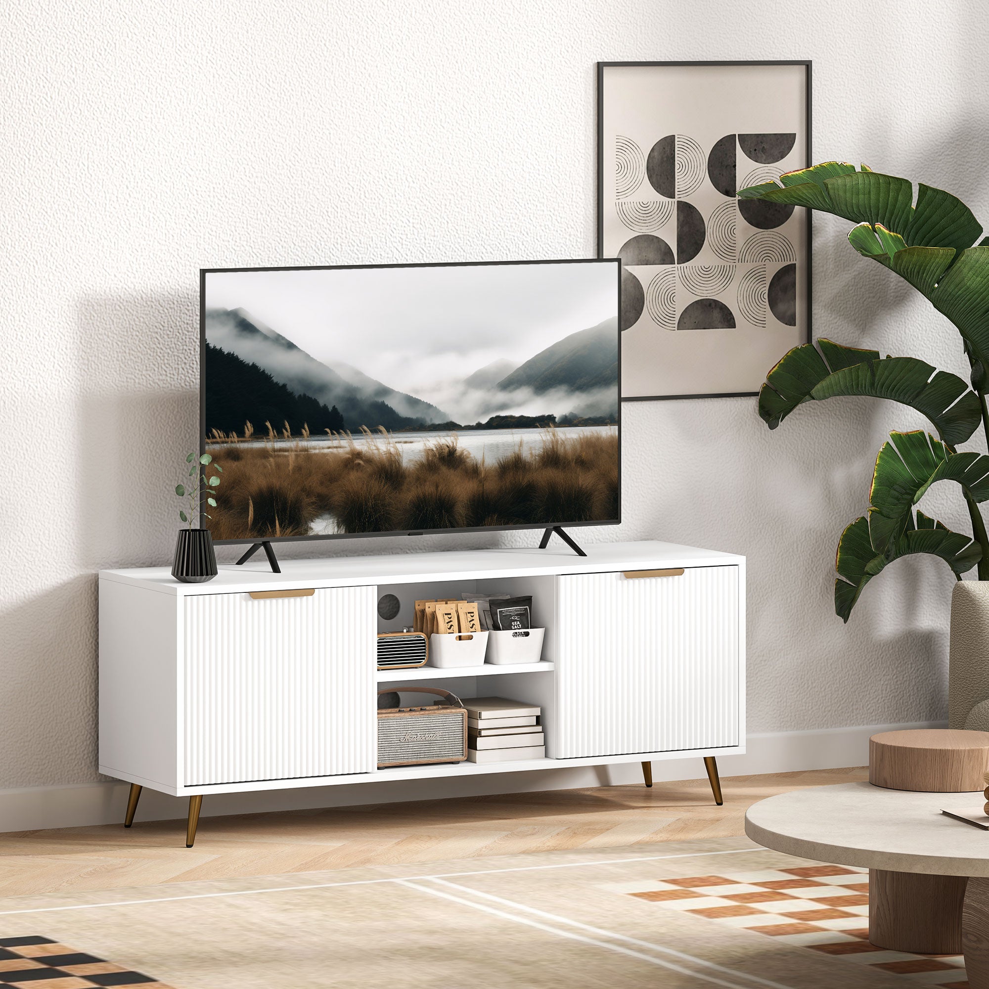 HOMCOM TV Stand with Storage for 55 Inch TV, Modern TV Cabinet with 2 Open Shelves and 2 Cabinets for Living Room, White 