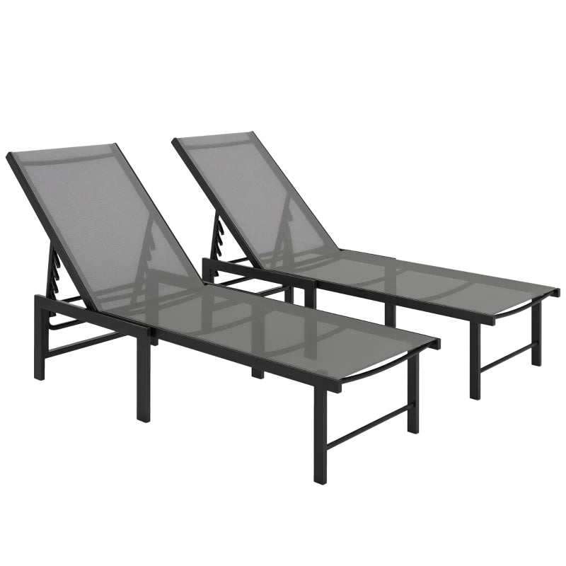 Outdoor Lounge Chair Set of 2, 5-Position Reclining Outdoor Chaise Lounge Tanning Chair with Mesh Seat, Grey