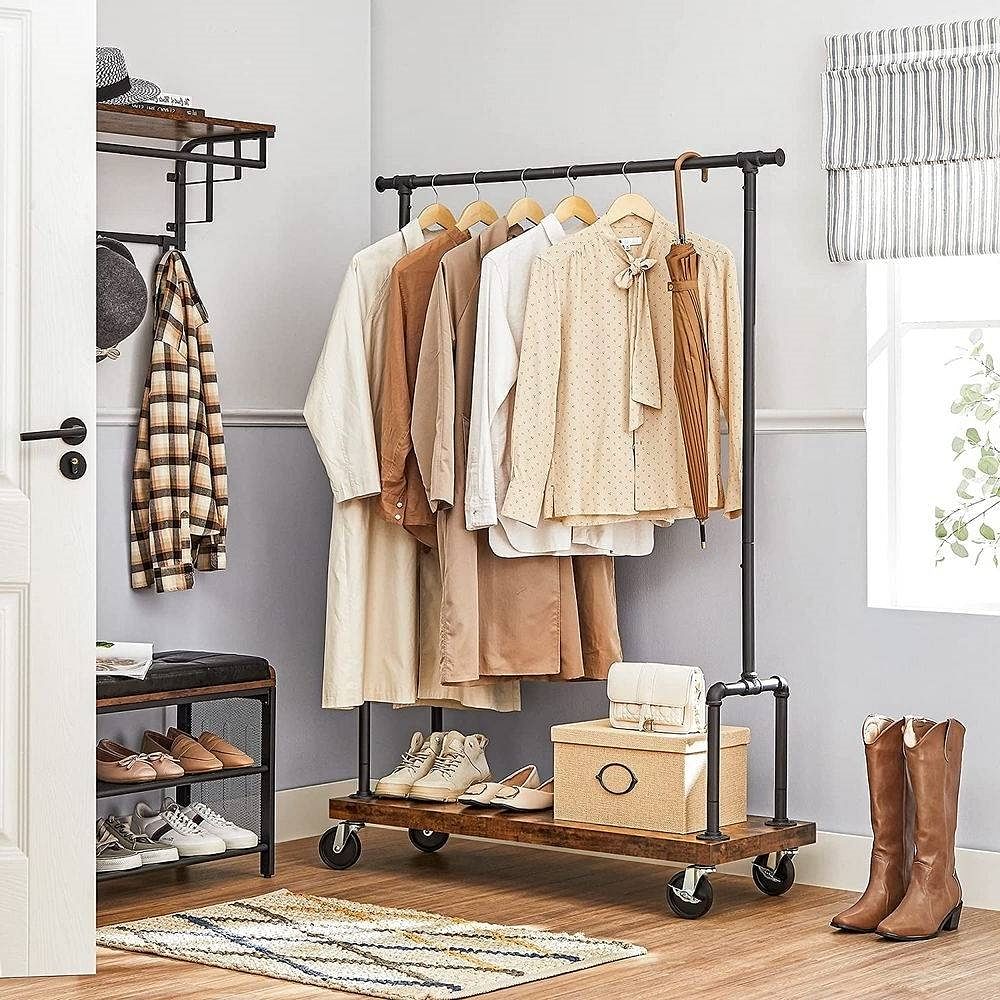 Industrial Metal Pipe Garment Rack with Bottom Shoe Storage Shelf on Wheels - Free Shipping 