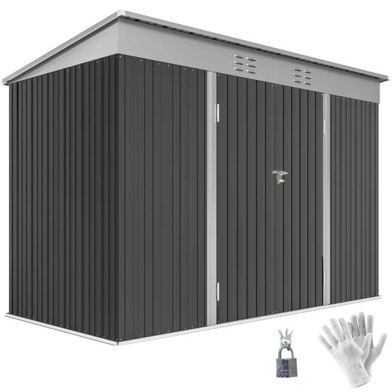 9' x 4' Galvanized Steel Garden Storage Shed with Lockable Doors, Gloves and 2 Air Vents for Backyard, Patio, Lawn