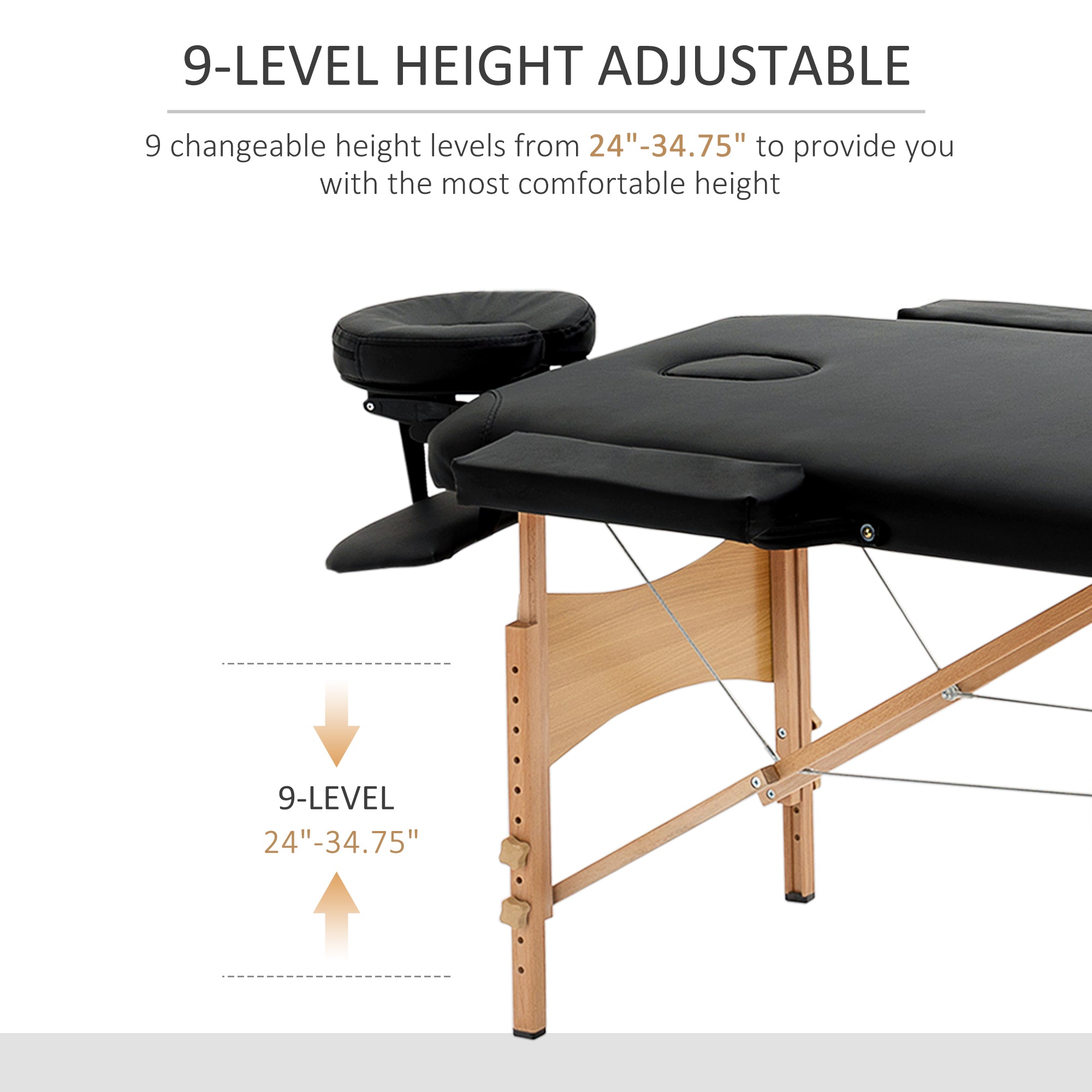 HOMCOM Professional 72" Portable Massage Table Adjustable Height Foldable Facial Spa Bed Black Color Salon 