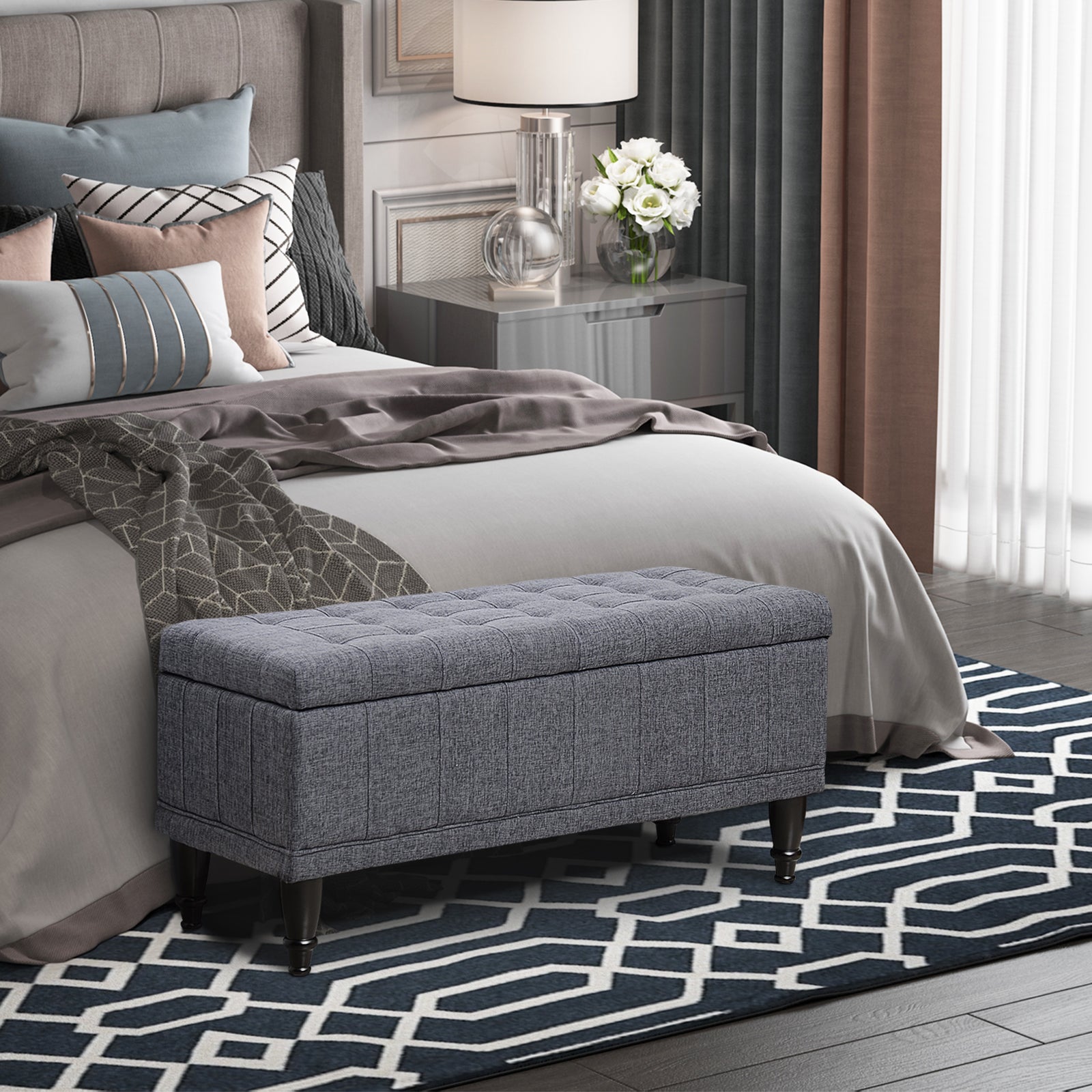 HOMCOM Storage Ottoman Bench: Tufted Linen Fabric, Soft-Close Lid for Cozy Seating, Grey 