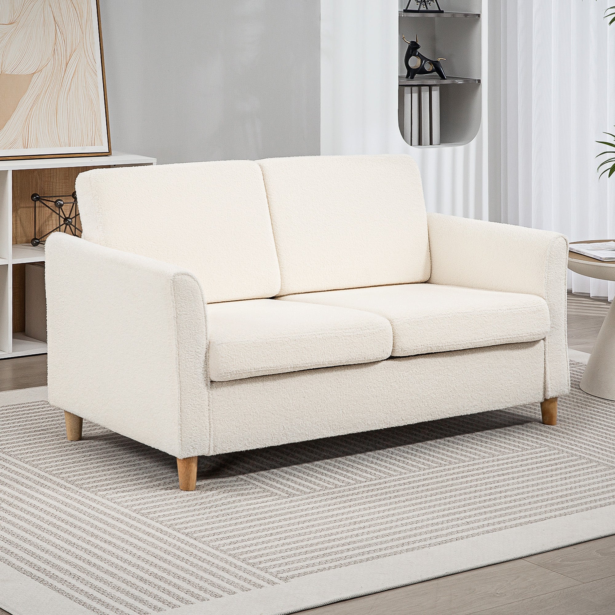 HOMCOM 2-Seat Sofa Two-Seater Couch with Armrests and Wood Legs for Living Room, Bedroom, Cream White 