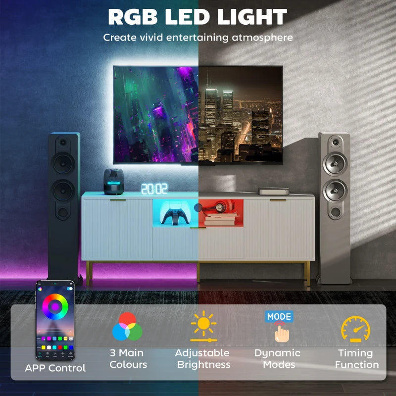 Modern TV Console for TVs up to 60 Inch, Entertainment Center with Smart RGB LED Lights and Soft Close Doors, White