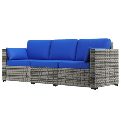 Outsunny 3-Seater Sofa with Cushions - Blue PE Rattan Patio Couch, Conversation Set with Pillows for Garden, Conservatory 