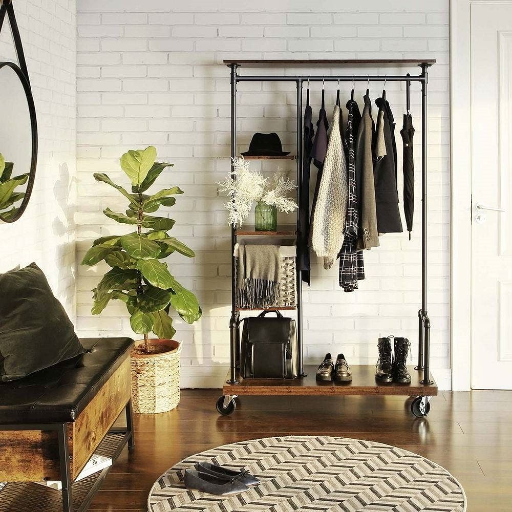 Industrial Metal Pipe Garment Rack with Wood Storage Shelves on Wheels - Free Shipping 