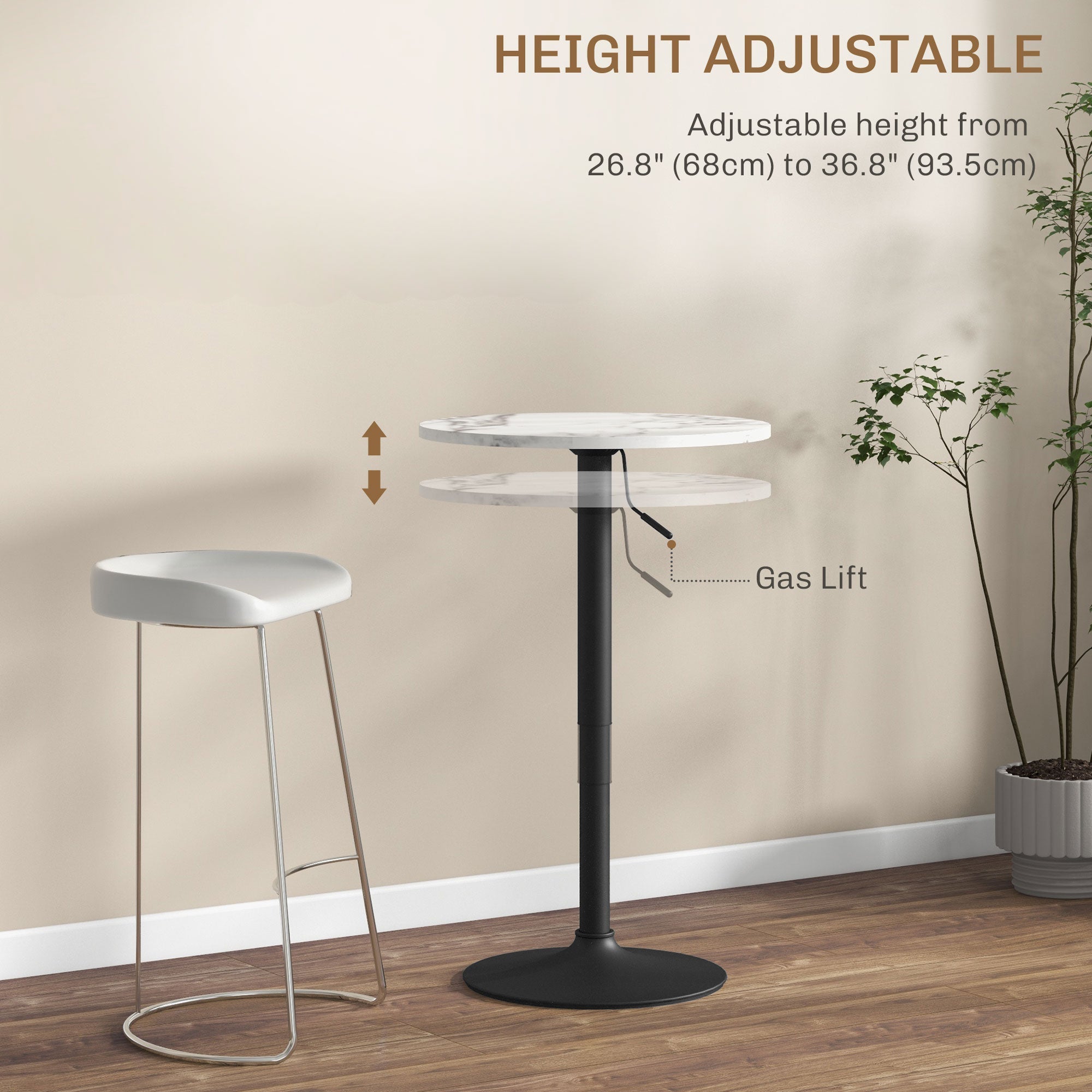 HOMCOM Adjustable Bar Table for 2, Round Pub Table with Steel Base for Home Bar, Small Dining Room, White Marble 