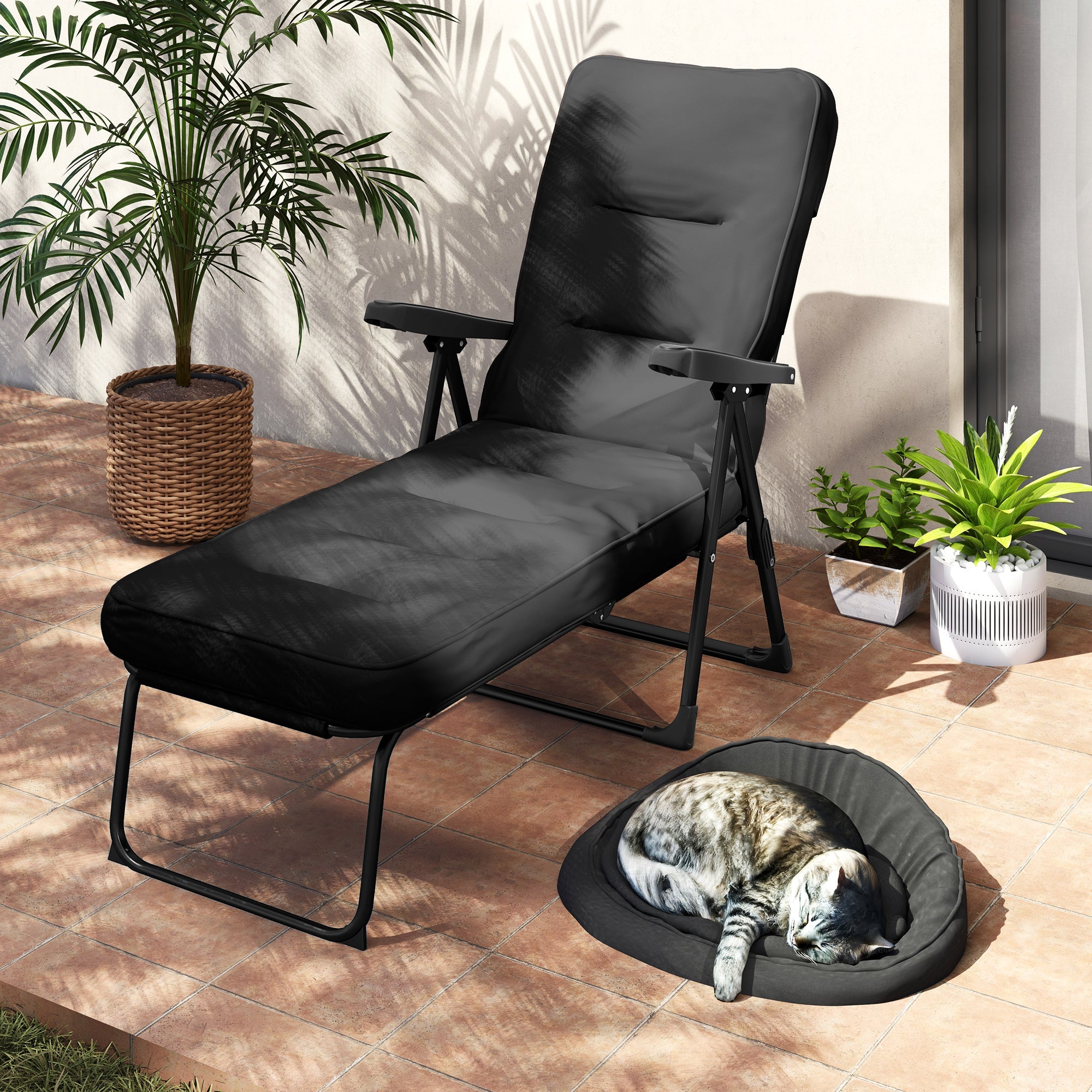 Outsunny Folding Outdoor Lounge Chair with Cushion, Adjustable Backrest, Reclining Patio Garden Chair with Footrest, Black 