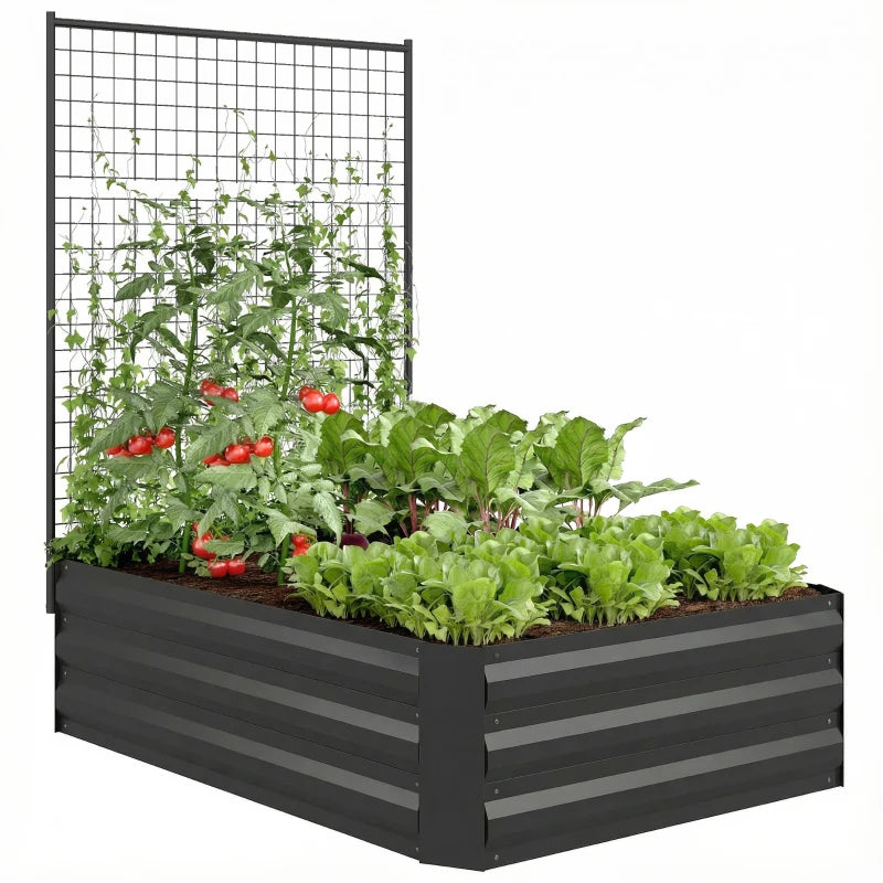Galvanized Raised Garden Bed with Trellis for Climbing Plants, Outdoor Planter Box with Open Bottom, Black