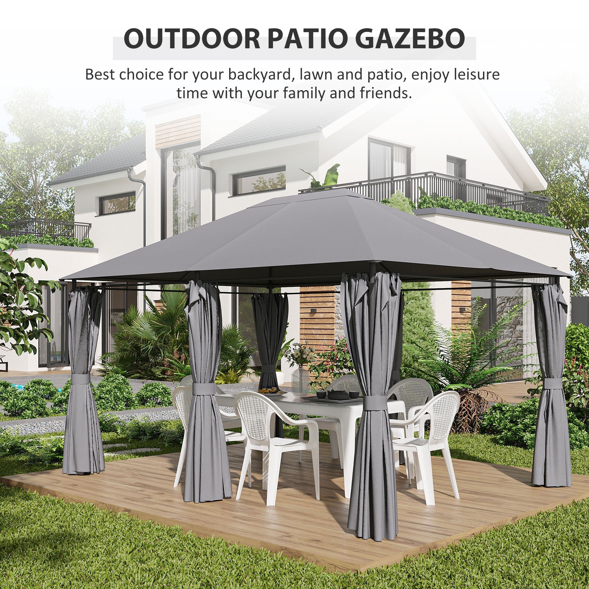 Outsunny 13x10' Steel Patio Gazebo with Soft-top Canopy, Party Tent, 6 Removable Curtains, Drainage Holes, Grey 