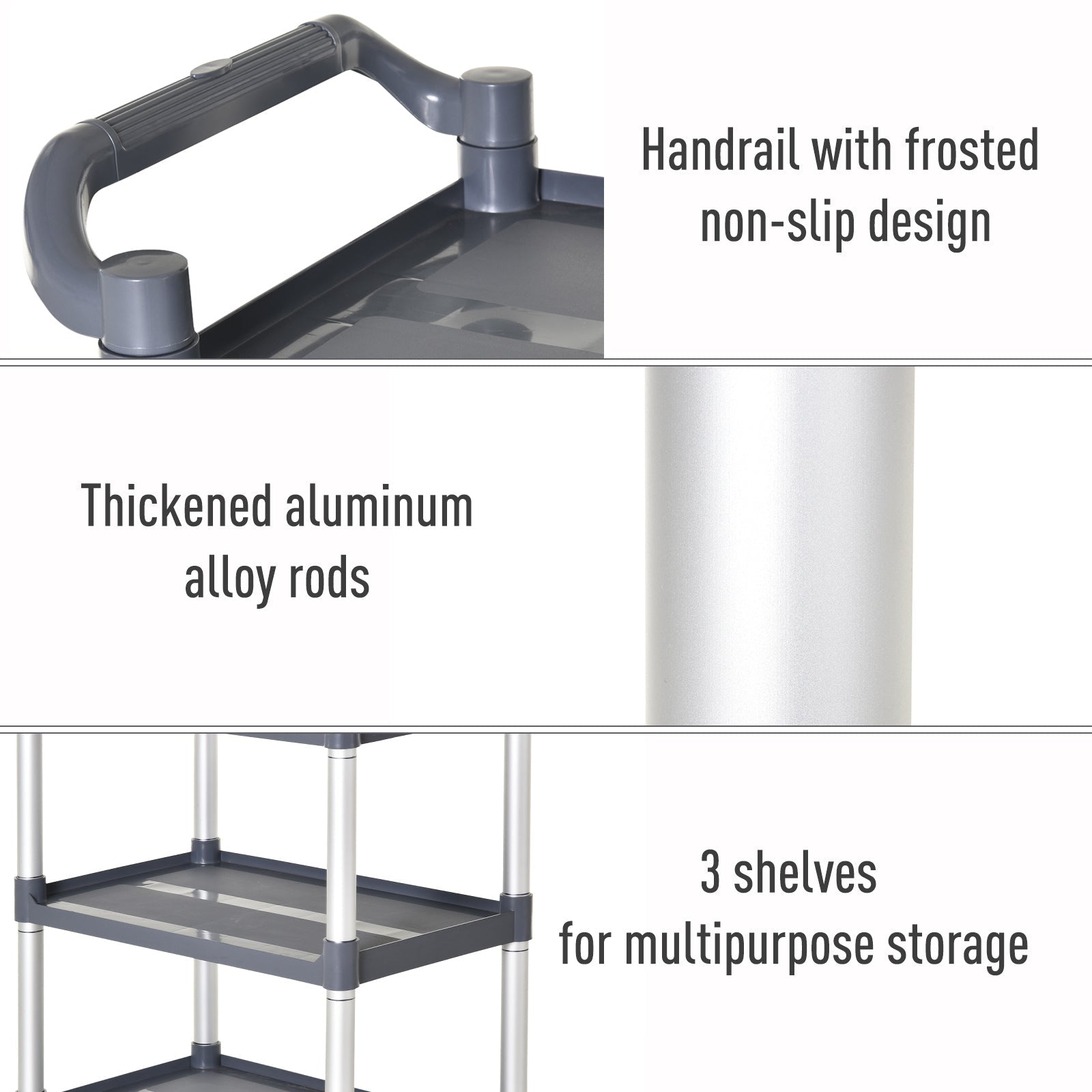 HOMCOM Large 3-Tier Metal Utility Cart Rolling Storage Trolley with Shelves for Restaurant Hotel Living Room Silver 