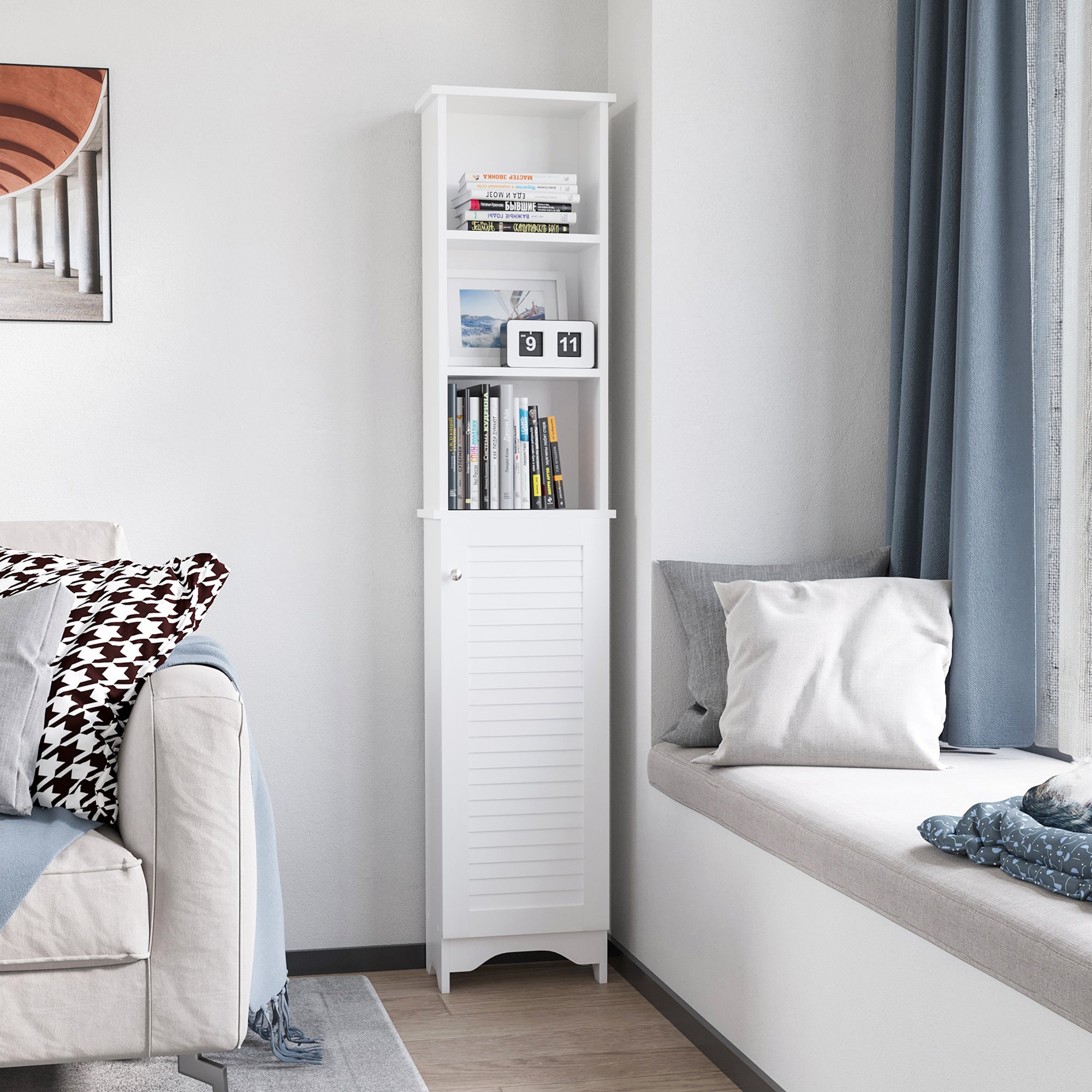 HOMCOM Linen Tower: Tall Bathroom Storage Cabinet, Freestanding 3-Tier Shelf Cupboard, White Adjustable 