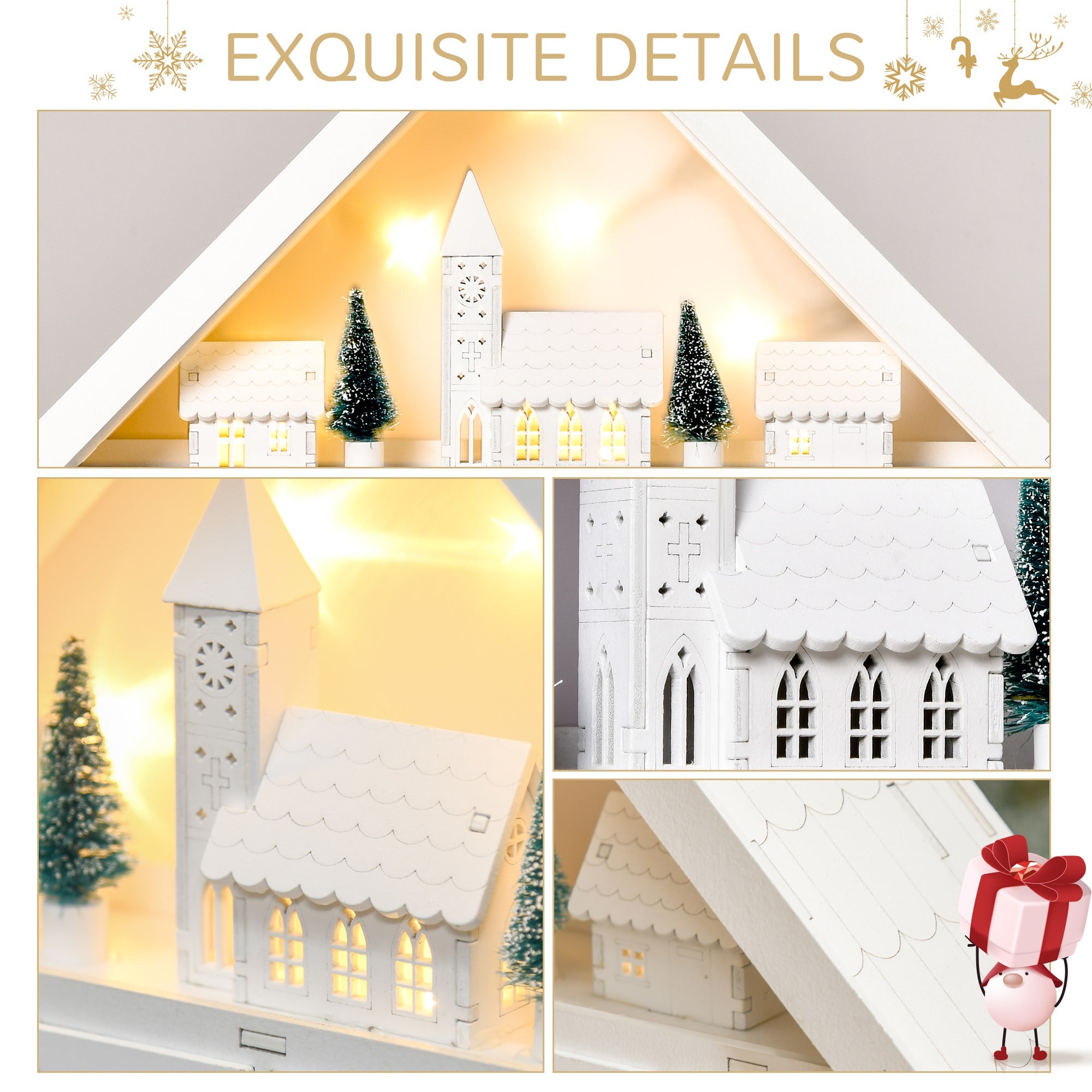 HOMCOM Light-Up Christmas Advent Calendar, Wooden Xmas House, Holiday Countdown with Drawer, Village Theme, White 