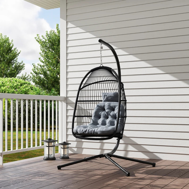 Wicker Egg Swing Chair with Stand, Foldable Hanging Egg Chair with UV Resistant Cushion, Headrest, Dark Grey