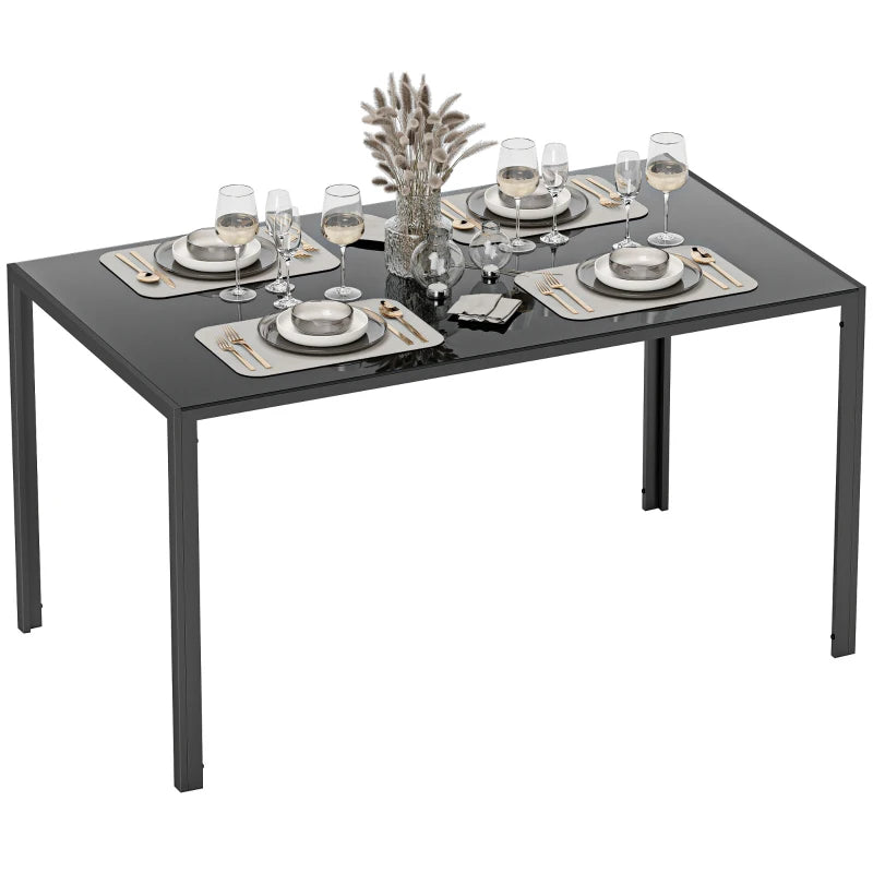 Rectangular Kitchen Table for 4 People, Dining Table with Tabletop Tempered Glass for Dining Room, Living Room, Black
