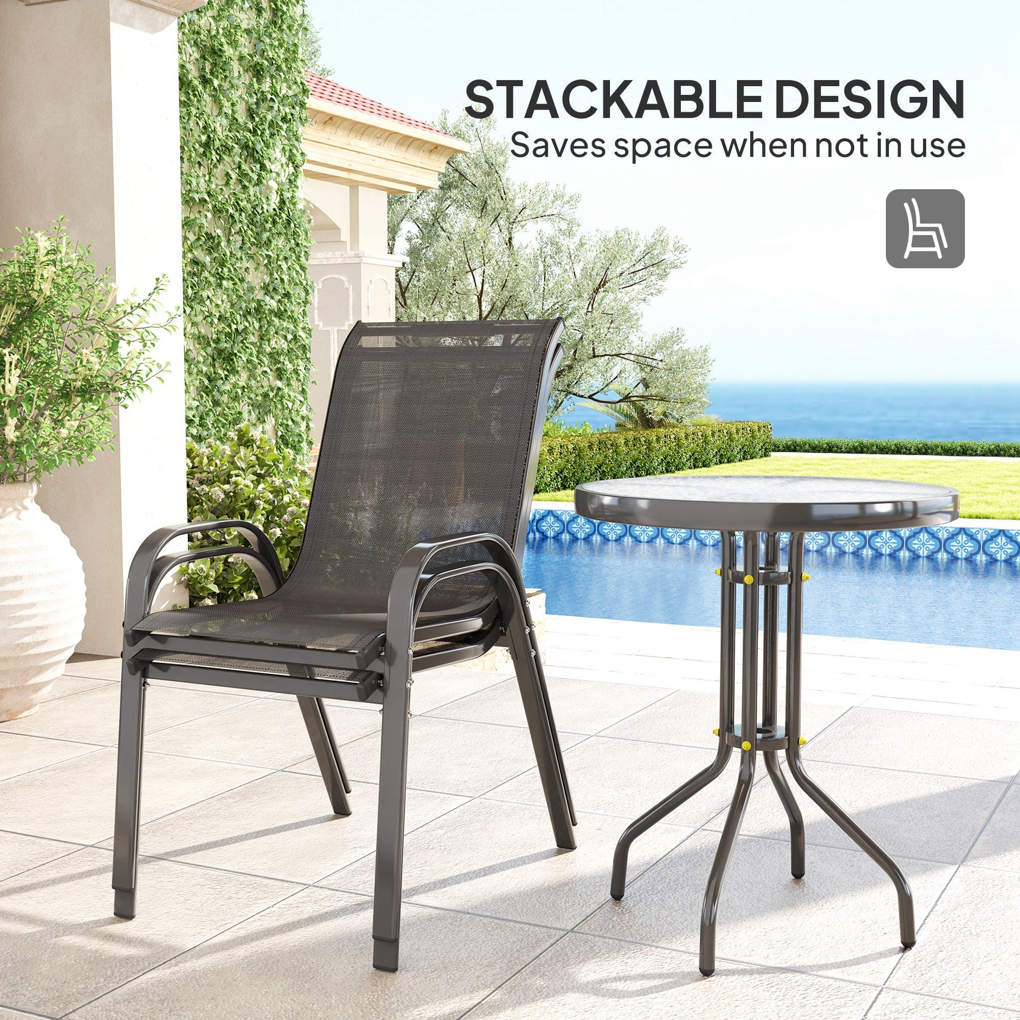 Outsunny 3 Pieces Bistro Set, Small Patio Furniture Set with Stackable Mesh Chairs, Glass Table for Garden, Balcony, Black 