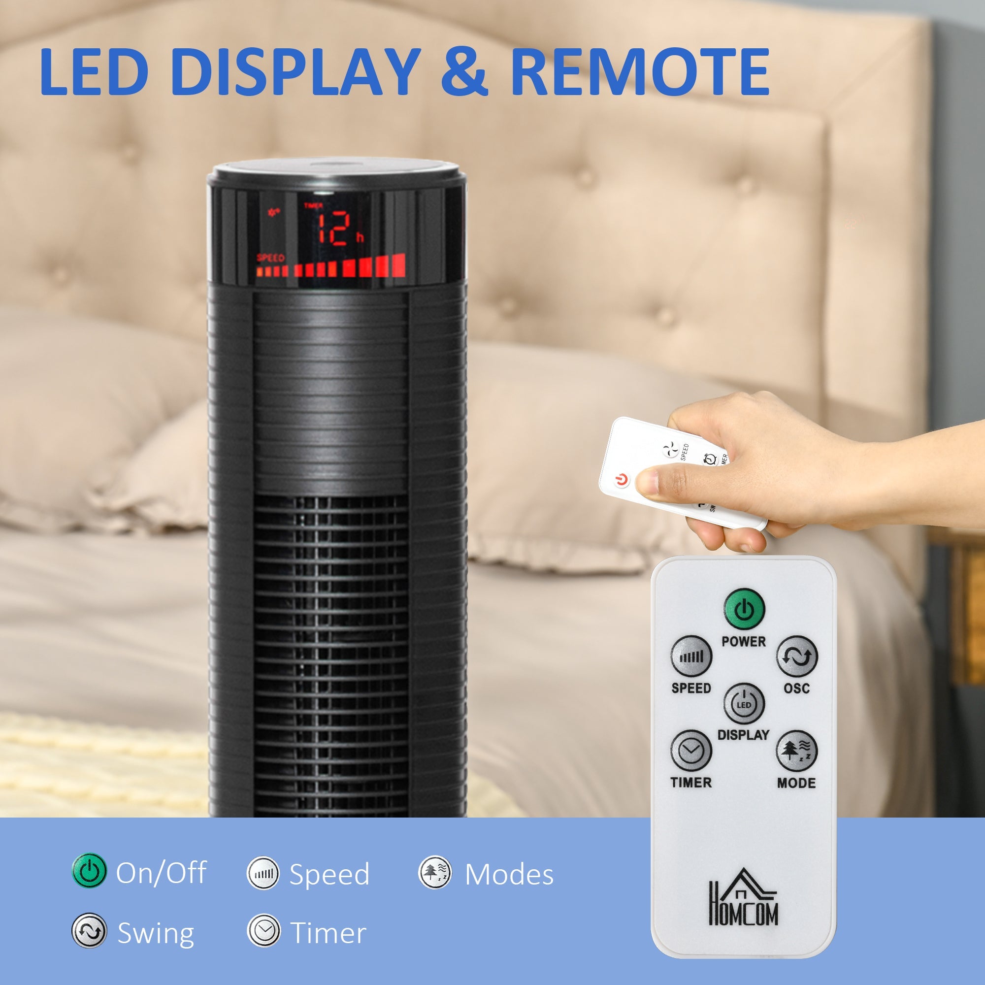 HOMCOM Tower Fan Freestanding Cooling 3 Speed Oscillating 12h Timer LED Remote Black for Home Bedroom 