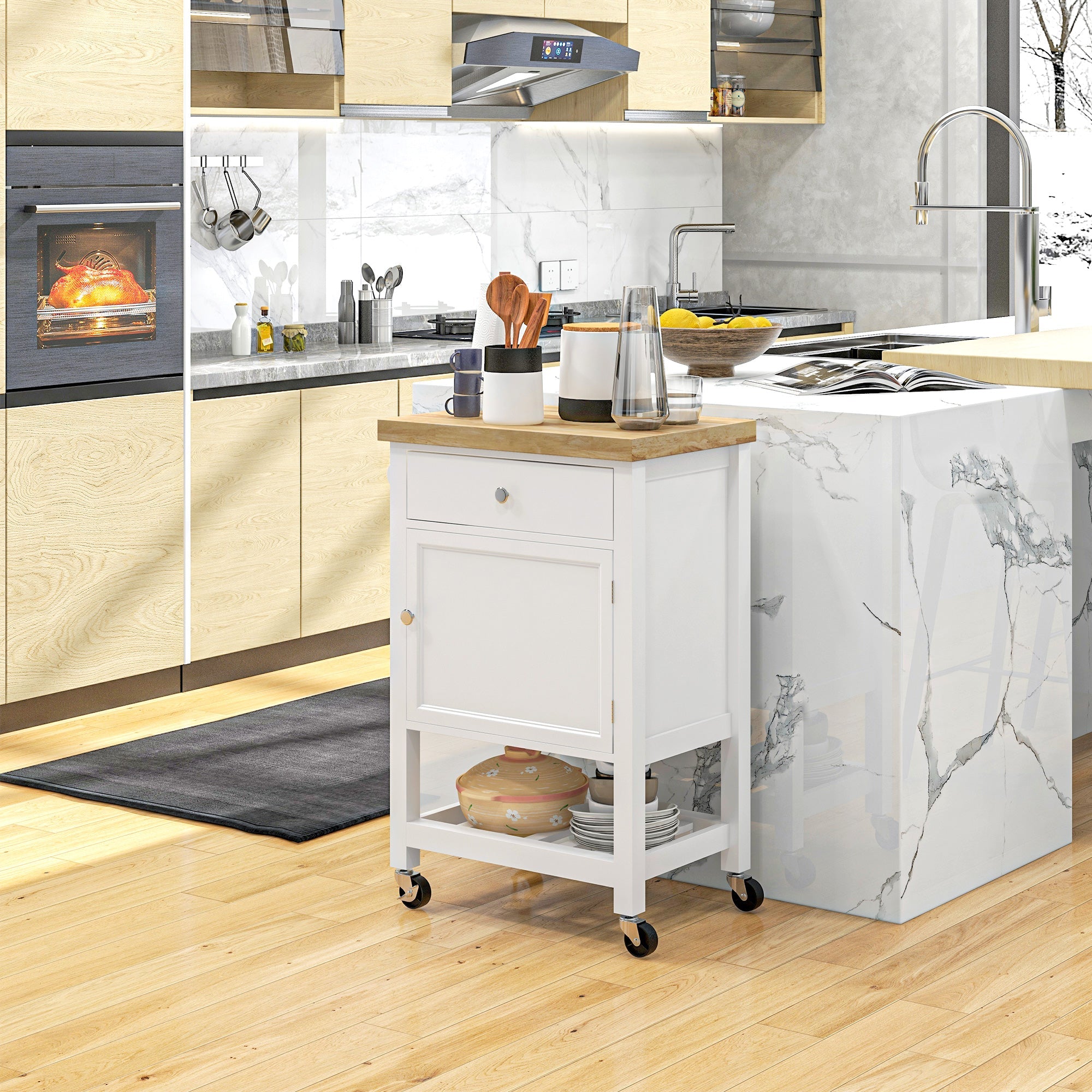 HOMCOM Rolling Kitchen Cart Island on Wheels with Wood Top Storage Drawer Shelf Towel Rack Dining Area 