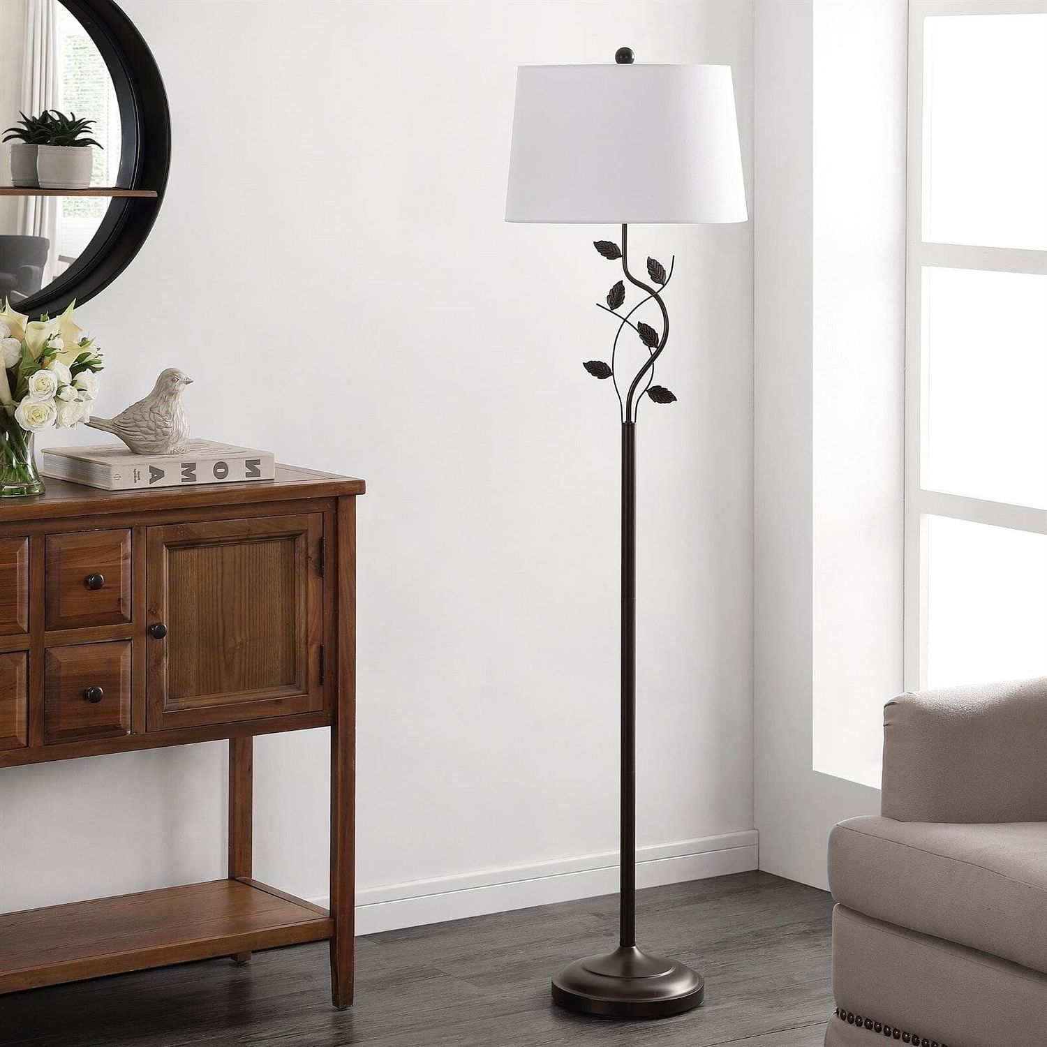 Vine Leaves Floor Lamp in Bronze Finish with White Shade - Free Shipping