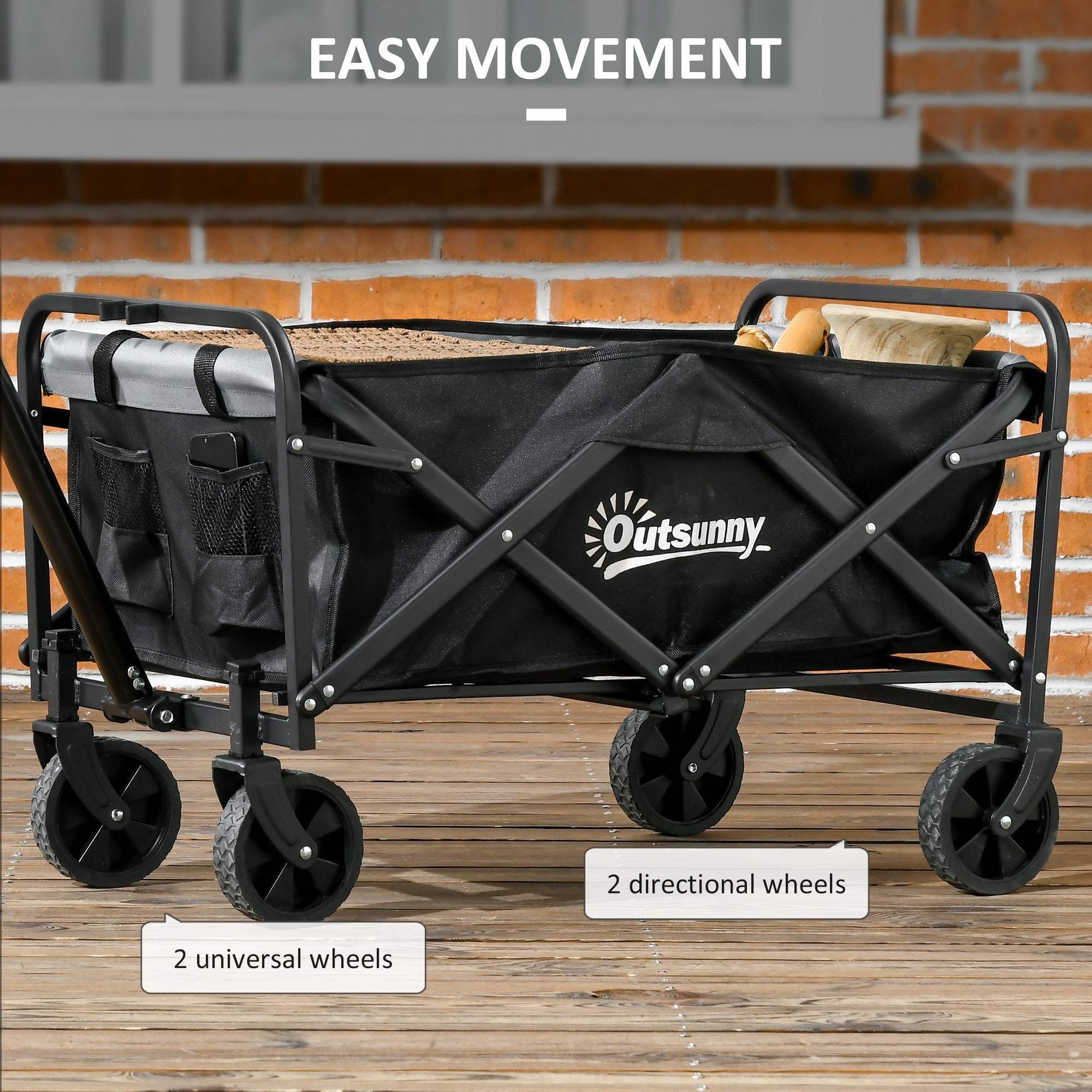 Outsunny Steel Frame Folding Garden Cart, Collapsible Wagon with Telescopic Handle and All-Terrain Wheels 