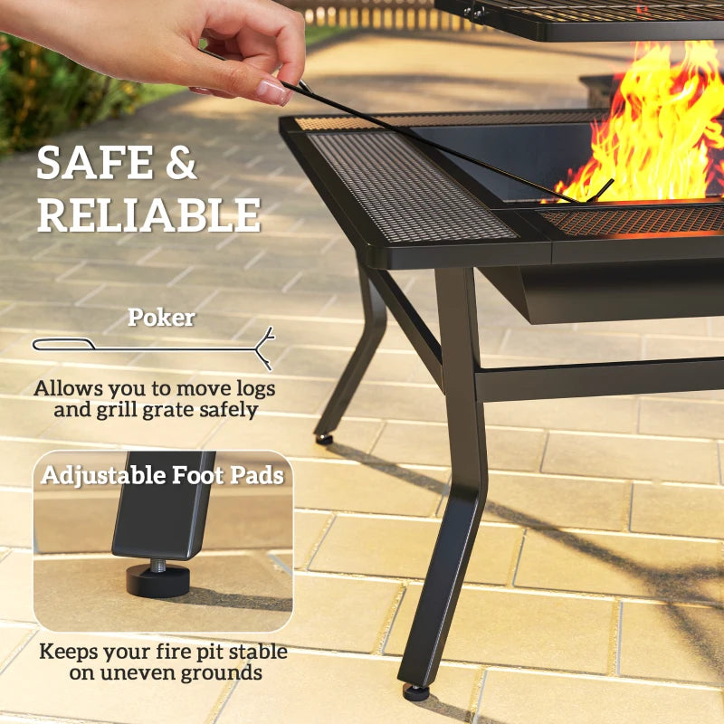 Square Outdoor Fire Pit Firepit with Adjustable Grill Grate, Wood Fire Pit with Adjustable Foot Pads, Outer Ledge, Poker for Backyard Bonfire Picnic, Black