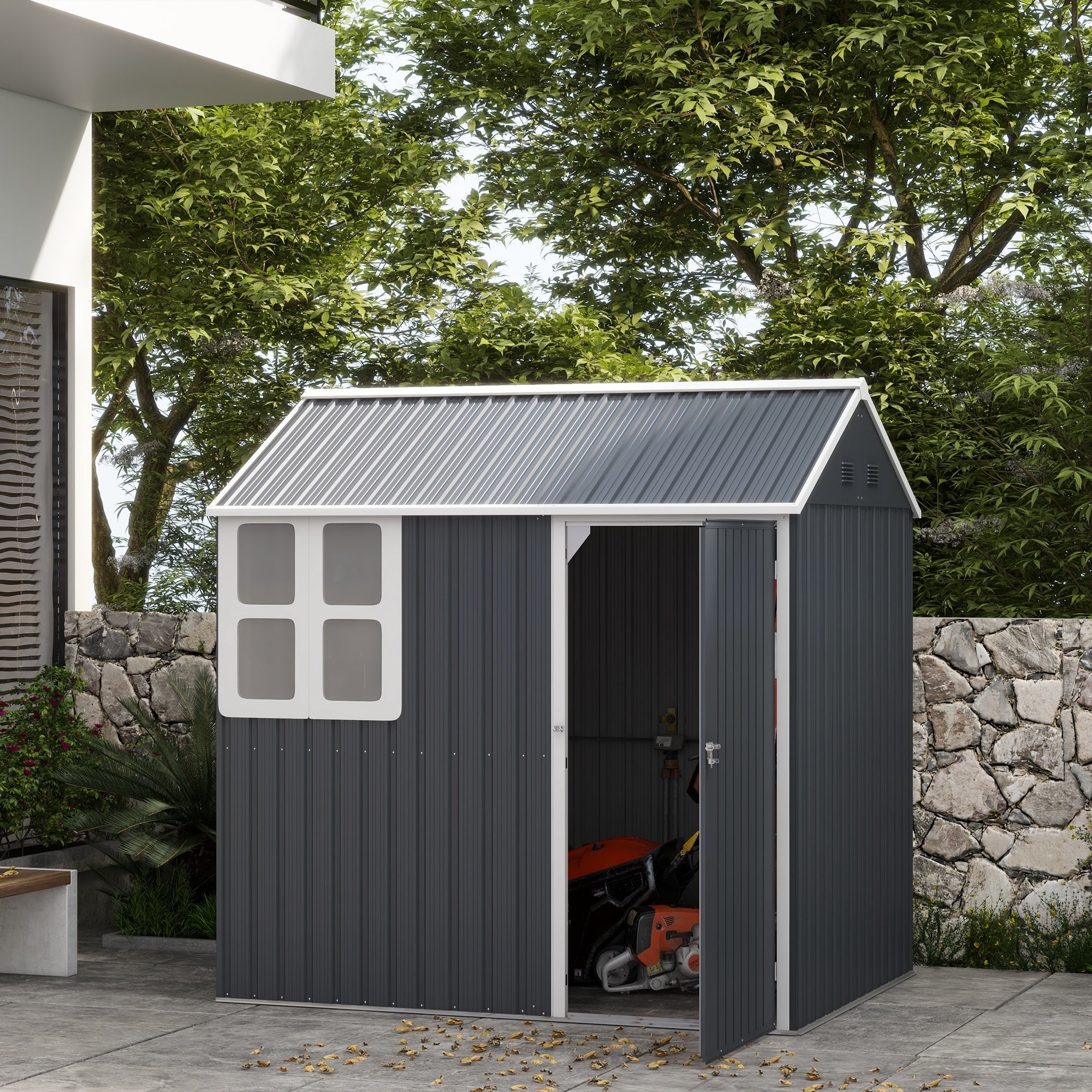 Outsunny Metal Garden Storage Shed 7' x 5.5' Outdoor Tool House Lockable Door Vents Sloped Roof Dark Grey 