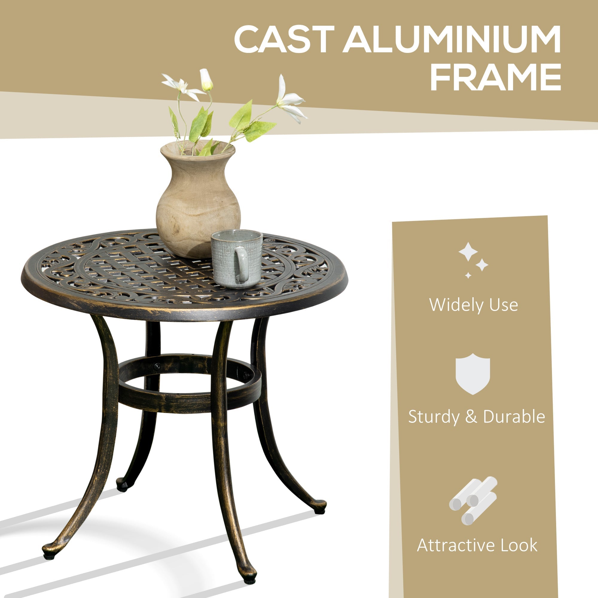 Outsunny Ф23.6" Round Outdoor Side Table Cast Aluminum Patio Coffee Desk Bronze 