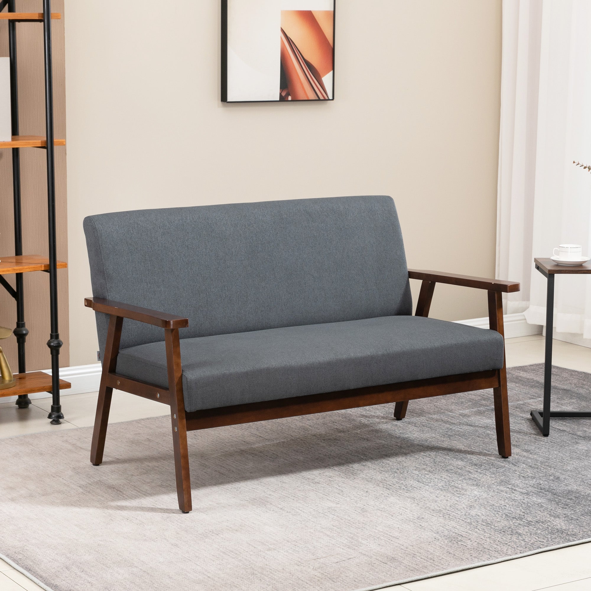HOMCOM Compact Linen Loveseat Sofa: Double Seat with Rubber Wood Frame, Dark Grey 
