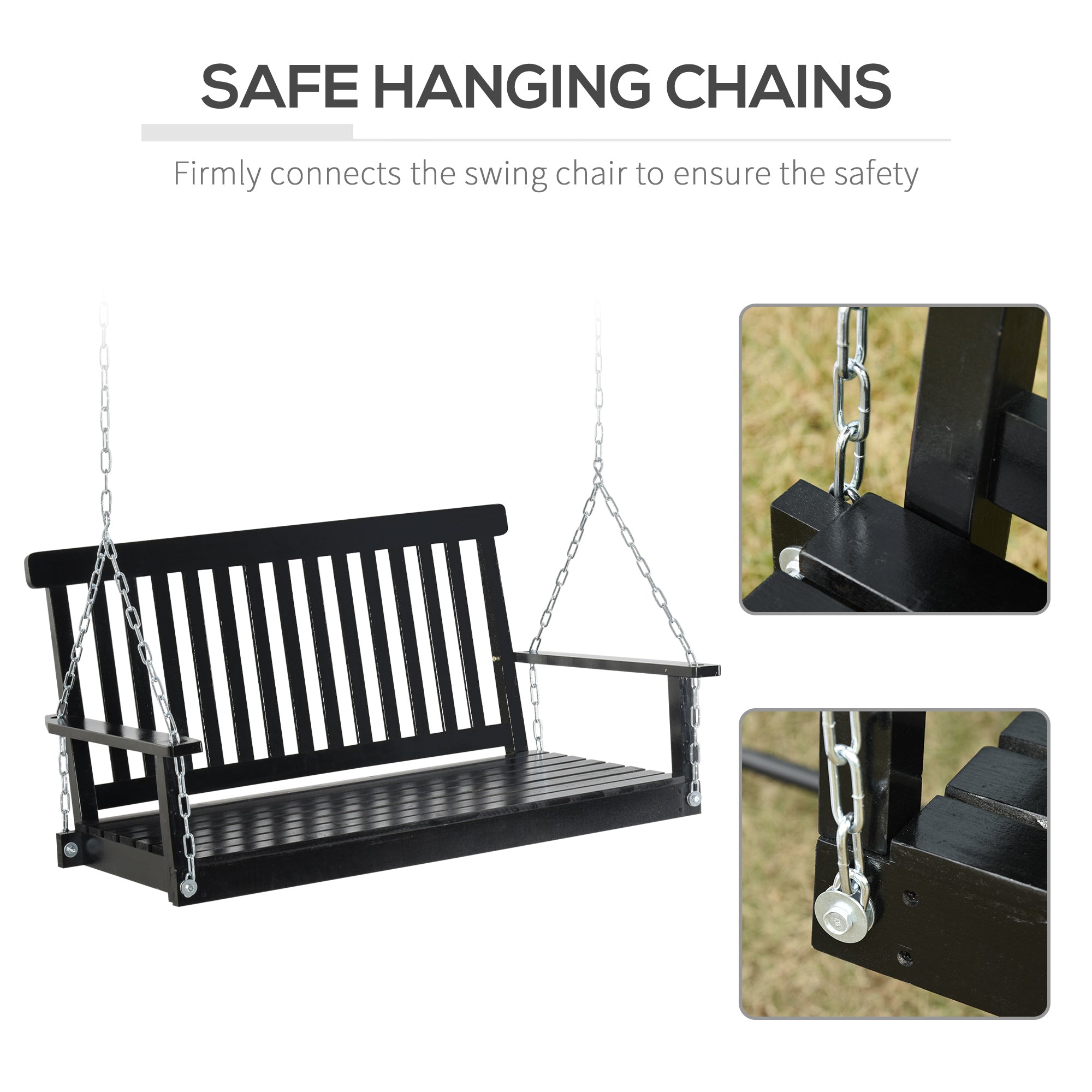 Outsunny 2-Seater Patio Swing Chair, Fir Wooden Porch Swing with Slatted Design, Hanging Chains for Outdoor, Garden, Black 