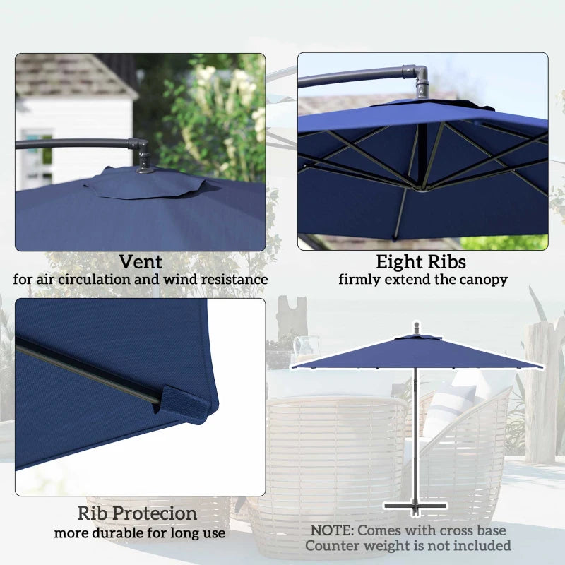 9.7ft Offset Patio UmbrellaCantilever Parasol with Crank Handle, 8 Ribs and Cross Base for Outdoor, Sun Shade, Blue