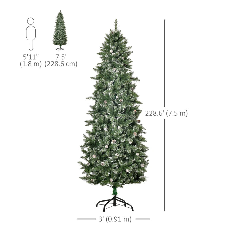 HOMCOM 7.5FT Prelit Snow Flocked Christmas Tree with Warm White LED Lights, Artificial Holiday Decoration 