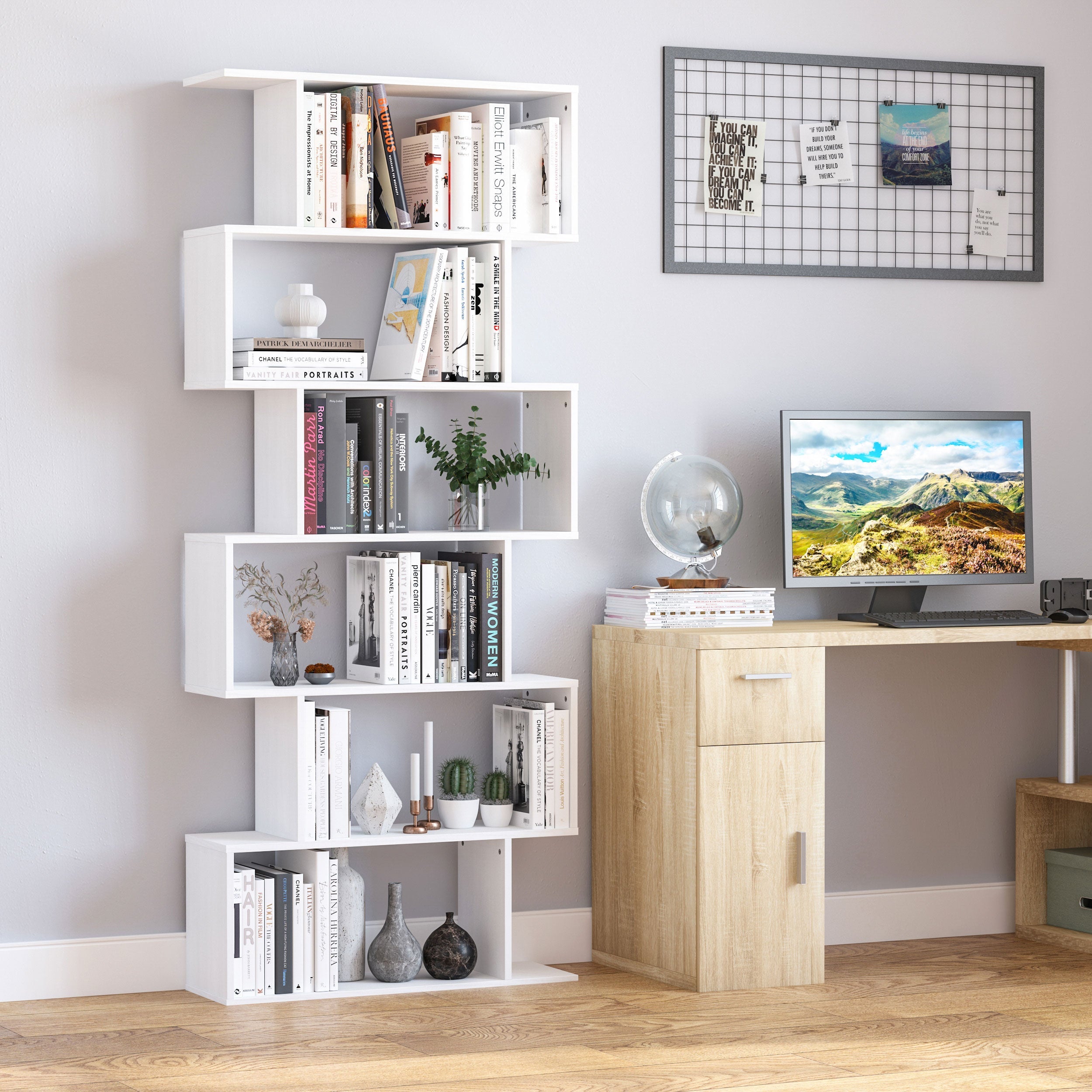 HOMCOM Curvaceous Storage: 6-Tier S-Shape Wooden Bookcase Display Divider Unit for Home Office, White Finish 