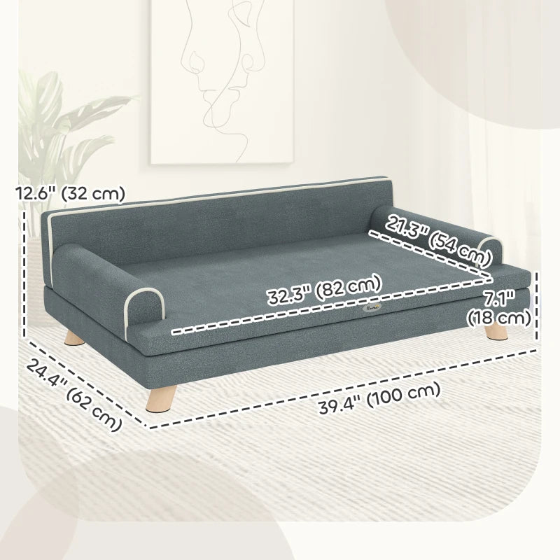 Elevated Dog Sofa Bed, Cat Couch with Cushion, Washable Cover, Wooden Legs, for Medium & Large Dogs, Dark Grey