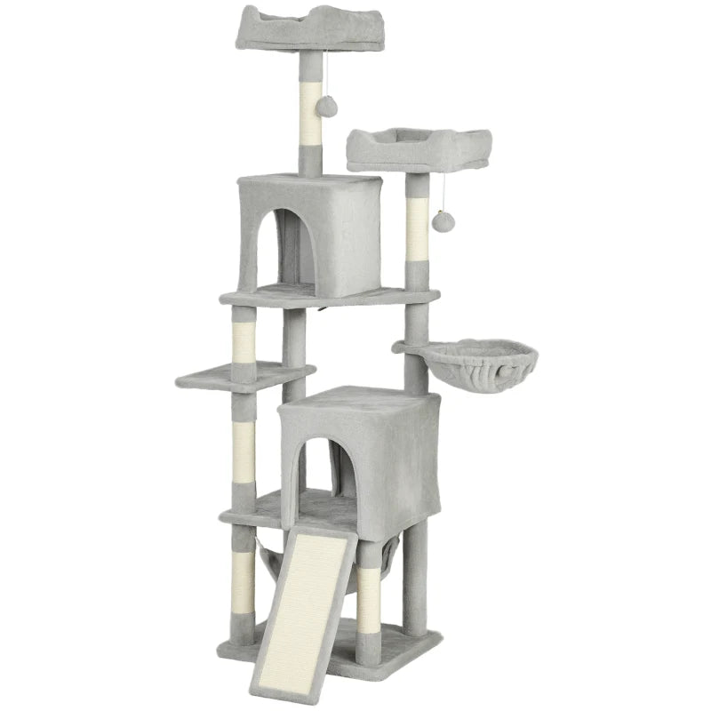 Cat Tree, 70" Multi-Level Cat Tower with 2 Condos, 2 Beds, Hammock, Toy Balls, Scratching Posts and Board, Light Grey