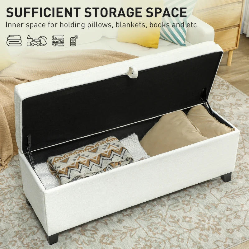 Storage Ottoman Bench, Foot Rest with Safety Hinges, 47 Inches Linen Storage Chest for Living Room, Cream White