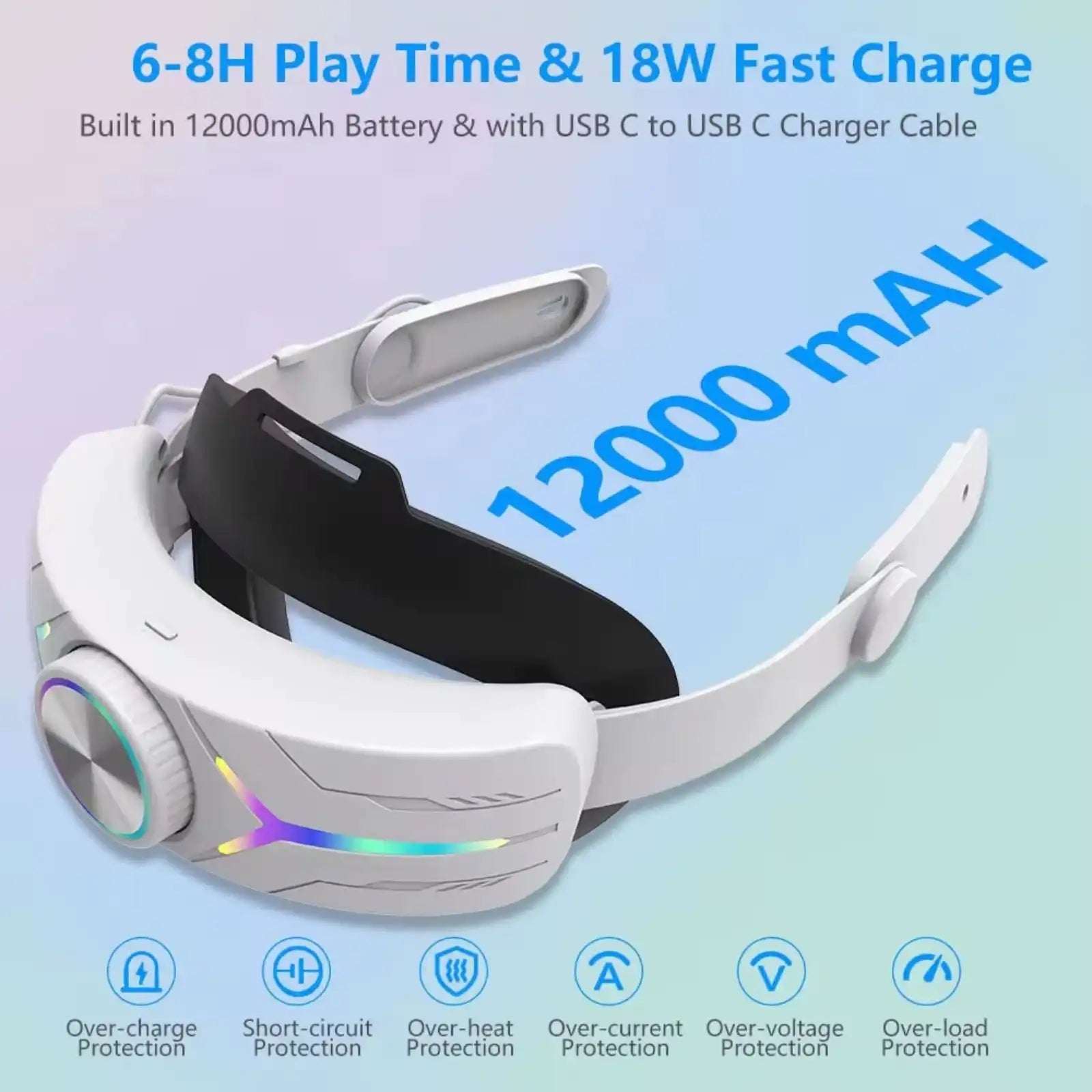 VR Meta Head Strap 12,000mAh Battery | RGB Lighting for Meta Quest 3/3S Adjustable for VR Gaming |C2 Pro TUTT