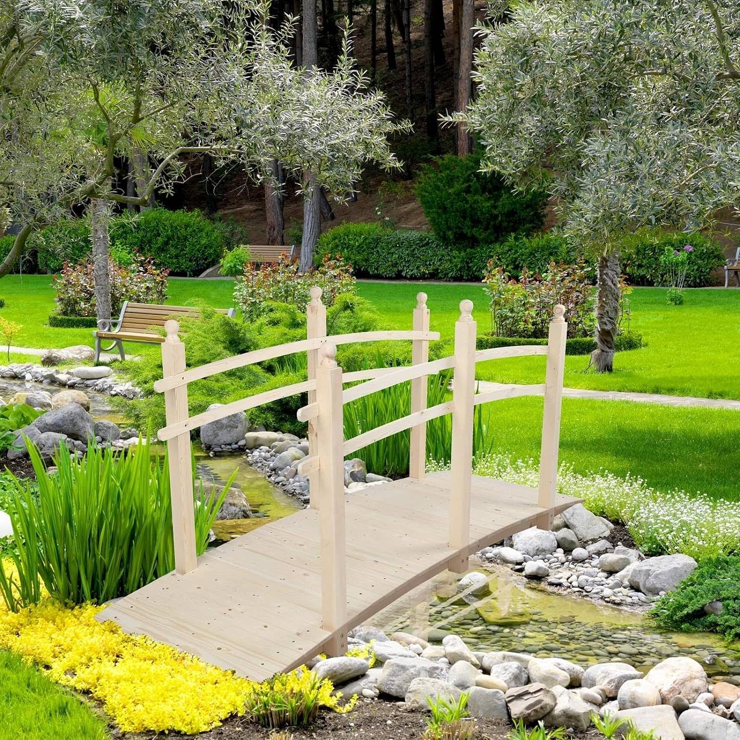 Outdoor 7.5-Ft Wooden Garden Bridge in Natural Wood Finish - Free Shipping