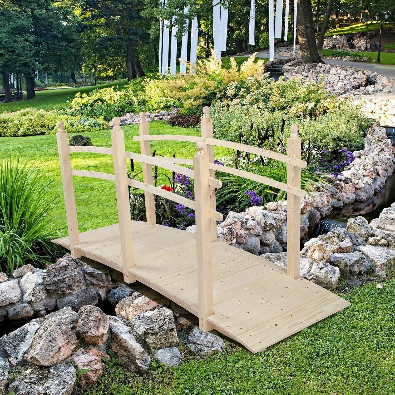 Outdoor 7.5-Ft Wooden Garden Bridge in Natural Wood Finish - Free Shipping