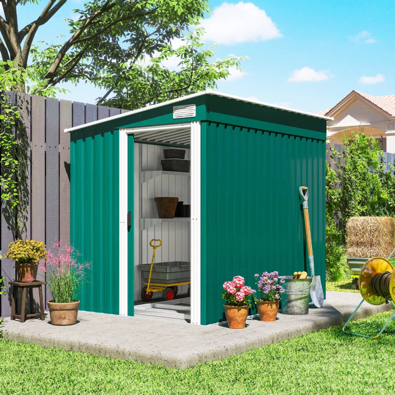5'x7' Lean to Galvanized Metal Shed with Foundation, Garden Tool Storage House with Sliding Door and 2 Vents, Green