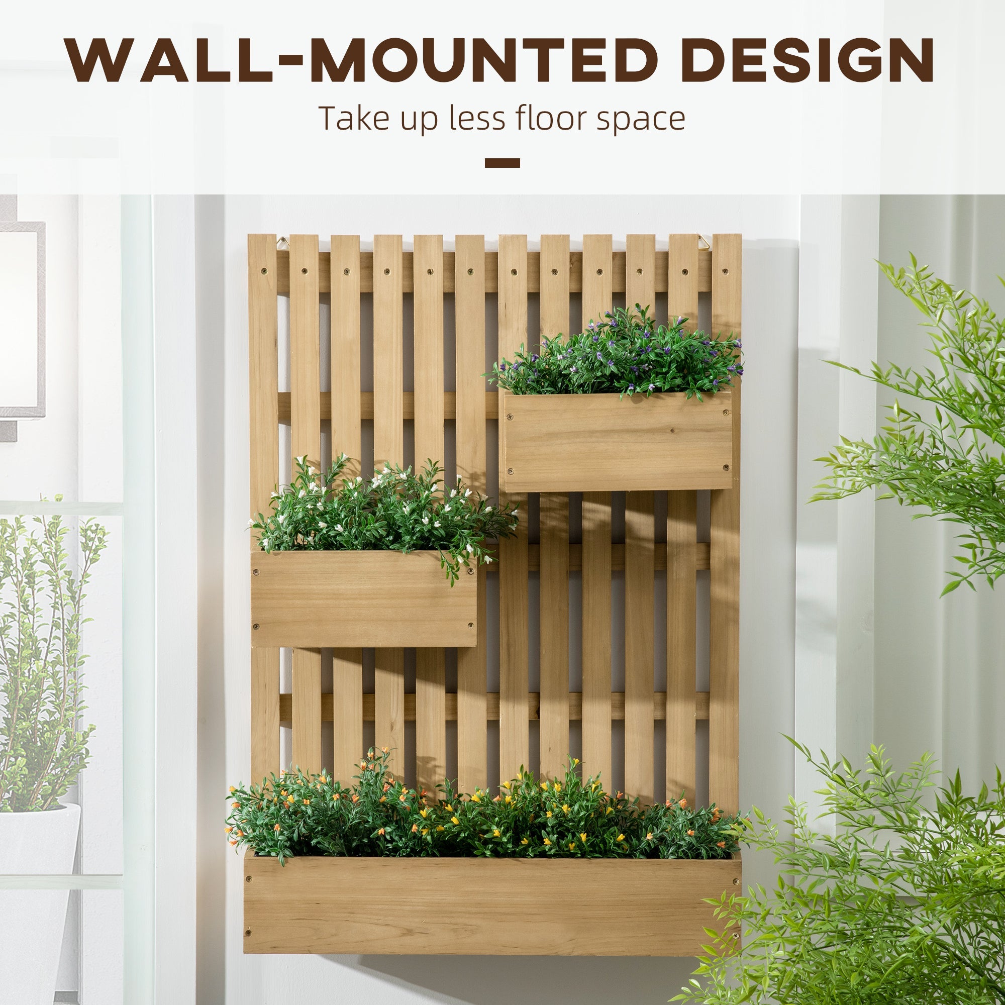Outsunny 3 Box Raised Garden Bed with Trellis, Wall-Mounted Wood Planter Box Set with Drainage Hole for Flowers, Climbing Plants 
