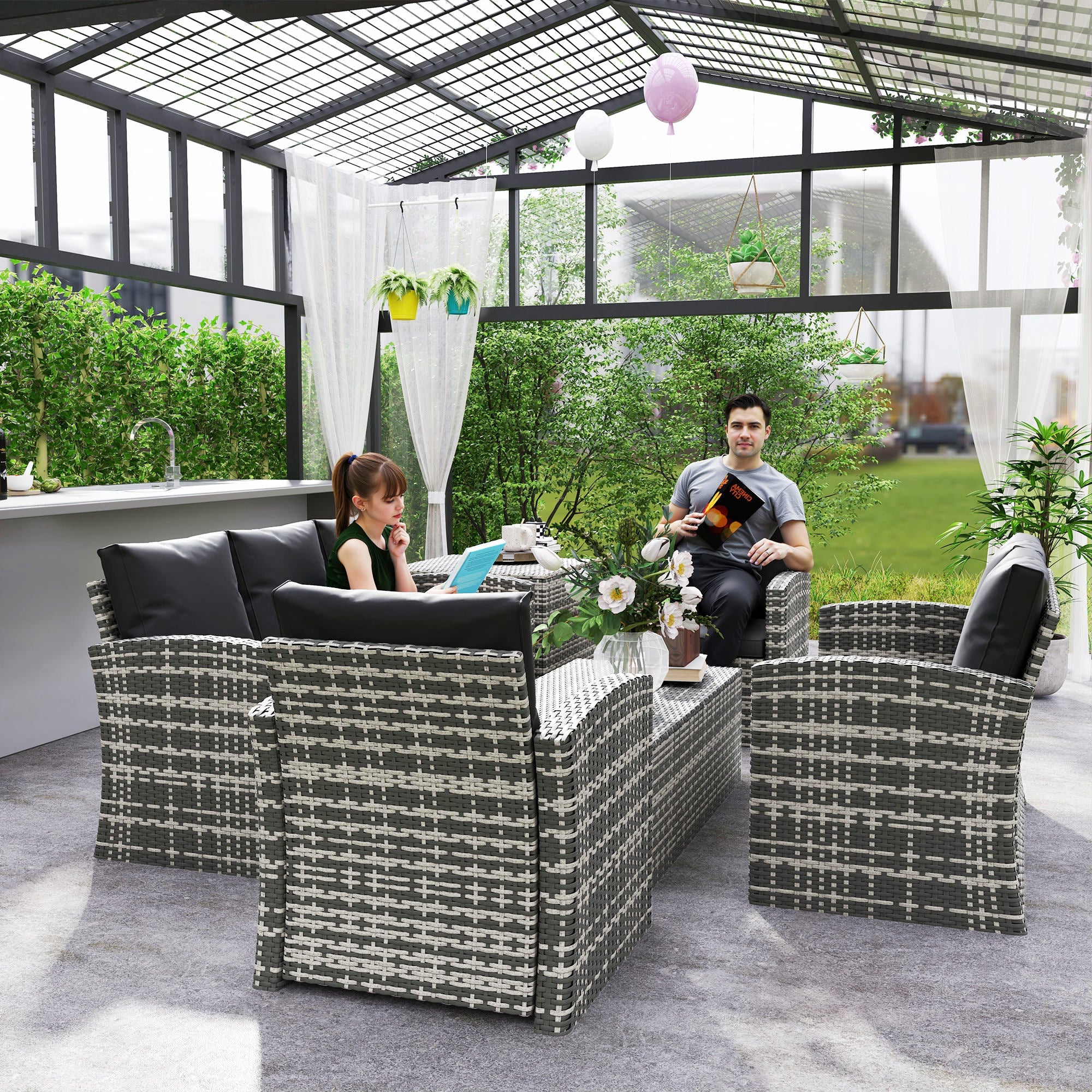 Outsunny 6 Piece Patio Furniture Set, Rattan Wicker Patio Sofa Set Sectional Outdoor Conversation Sofa Set Storage Table & Cushions, Black 