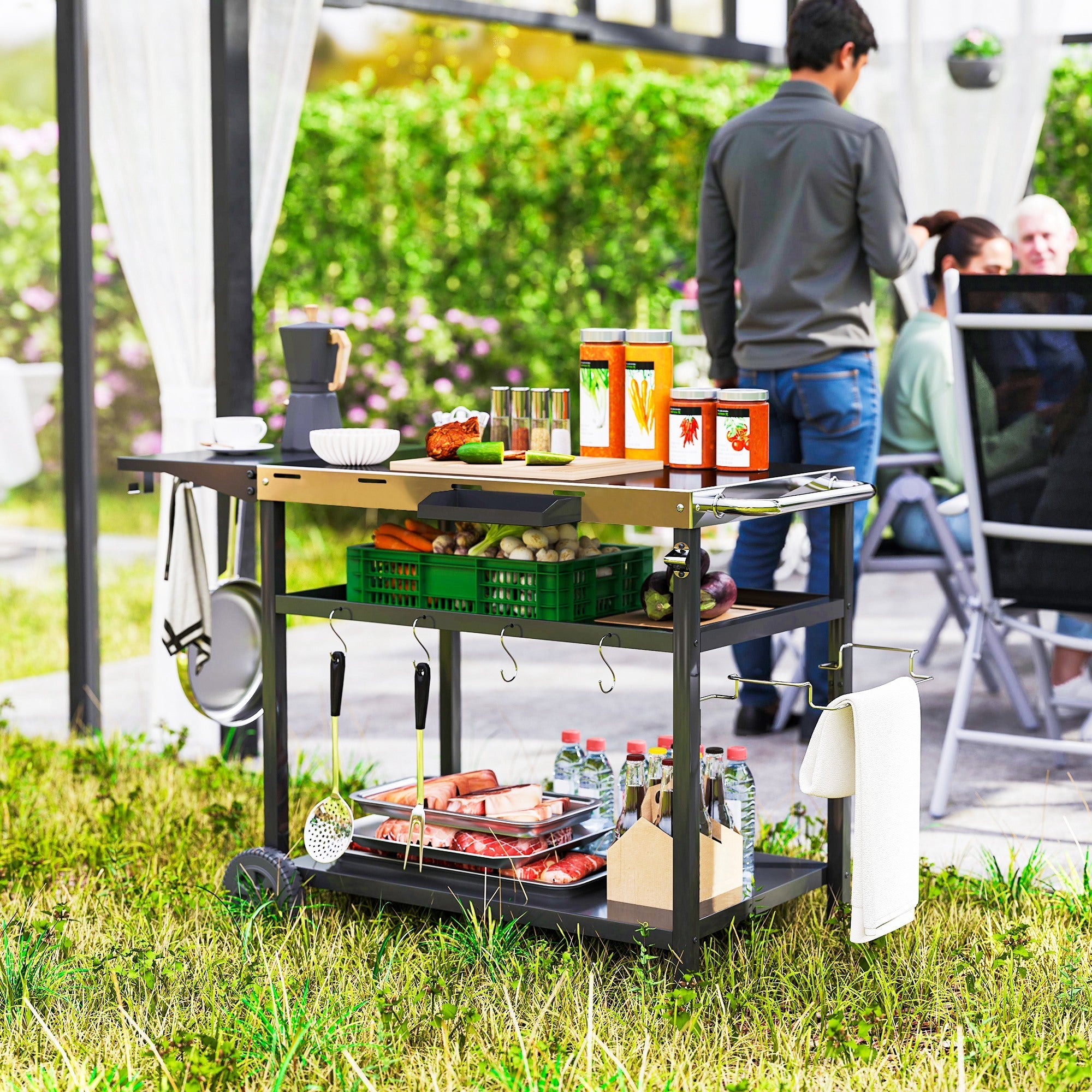 Outsunny Outdoor Bar Cart BBQ Table with Wheels, Stainless Steel Pizza Oven Stand, Outdoor Kitchen Cart with Storage and Hooks 