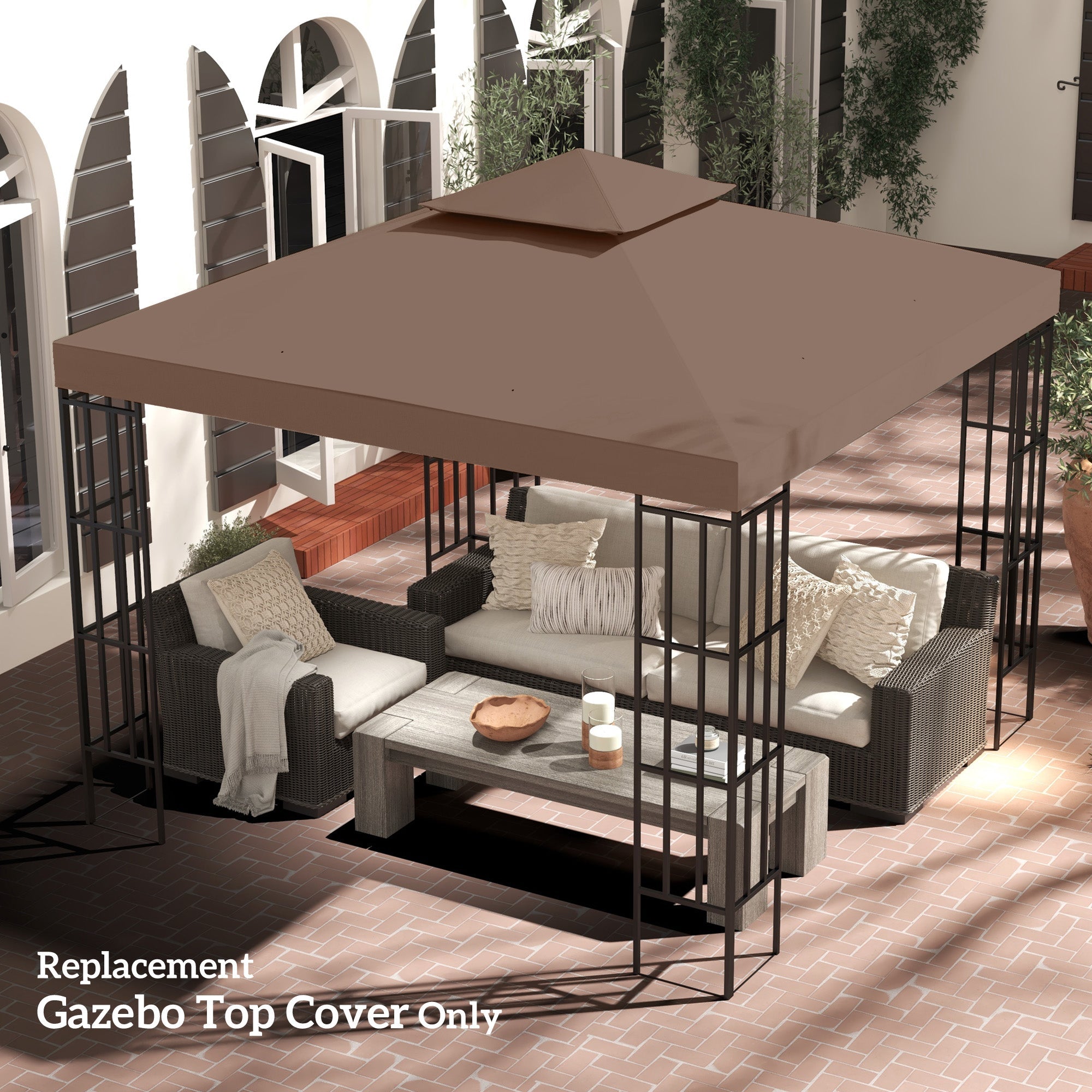 Outsunny 9.8' Square Coffee 2-Tier Gazebo Canopy Replacement - Durable Outdoor Garden Sun Shade Top Cover 