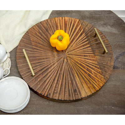 Carved Wooden Serving Tray with Metal Handle 
