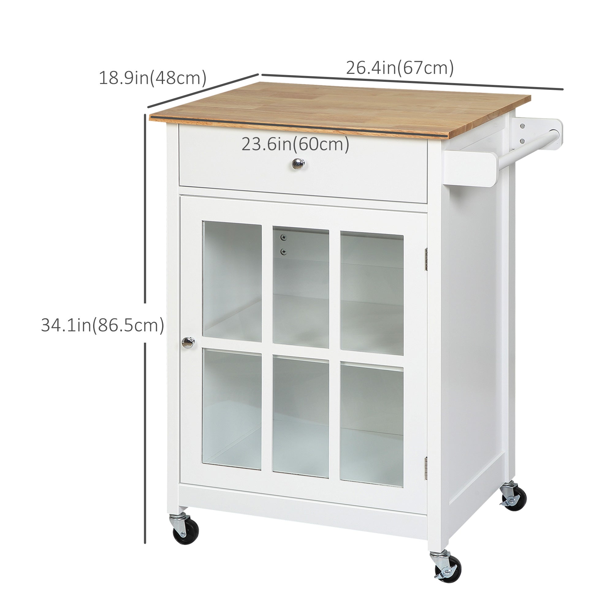 HOMCOM Kitchen Elegance: Rolling Cart Island with Drawer, Glass Door Cabinet, Towel Rack, White Finish 