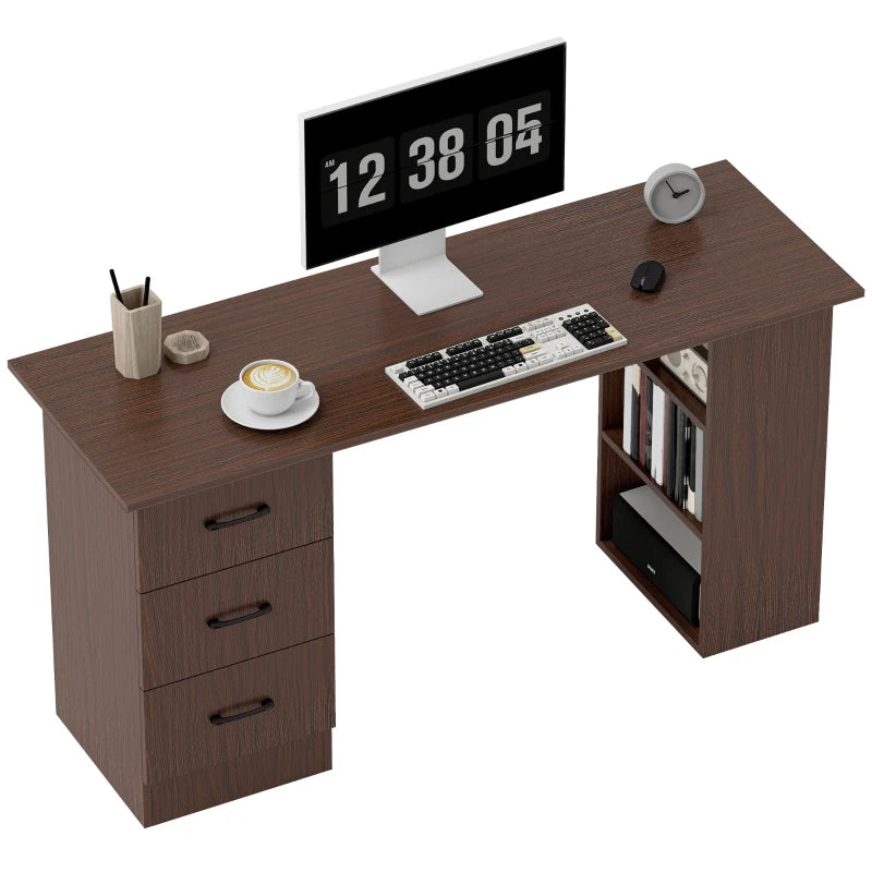 Computer Desk, 55" Writing Table with 3-Tier Shelves and 3 Reversible Drawers for Home Office, Bedroom, Walnut