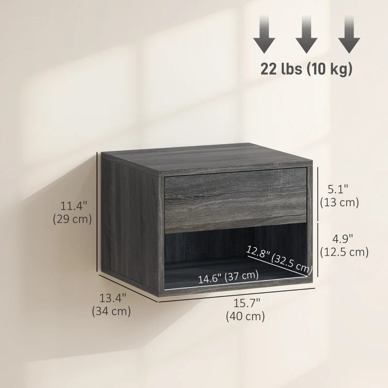 Floating Nightstand Set of 2, Wall Mounted Bedside Table with Drawer for Bedroom, Grey