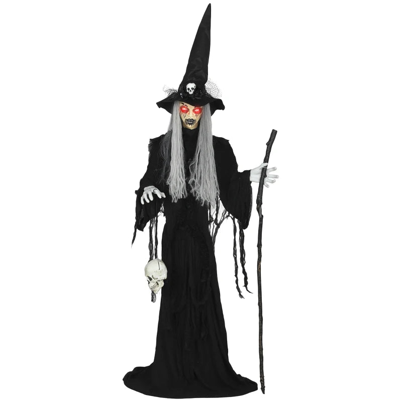 Outsunny 5ft Life-Size Animated Standing Witch – Voice & Sound Activated, Moving Head & Flashing Eyes, Indoor Halloween Prop 