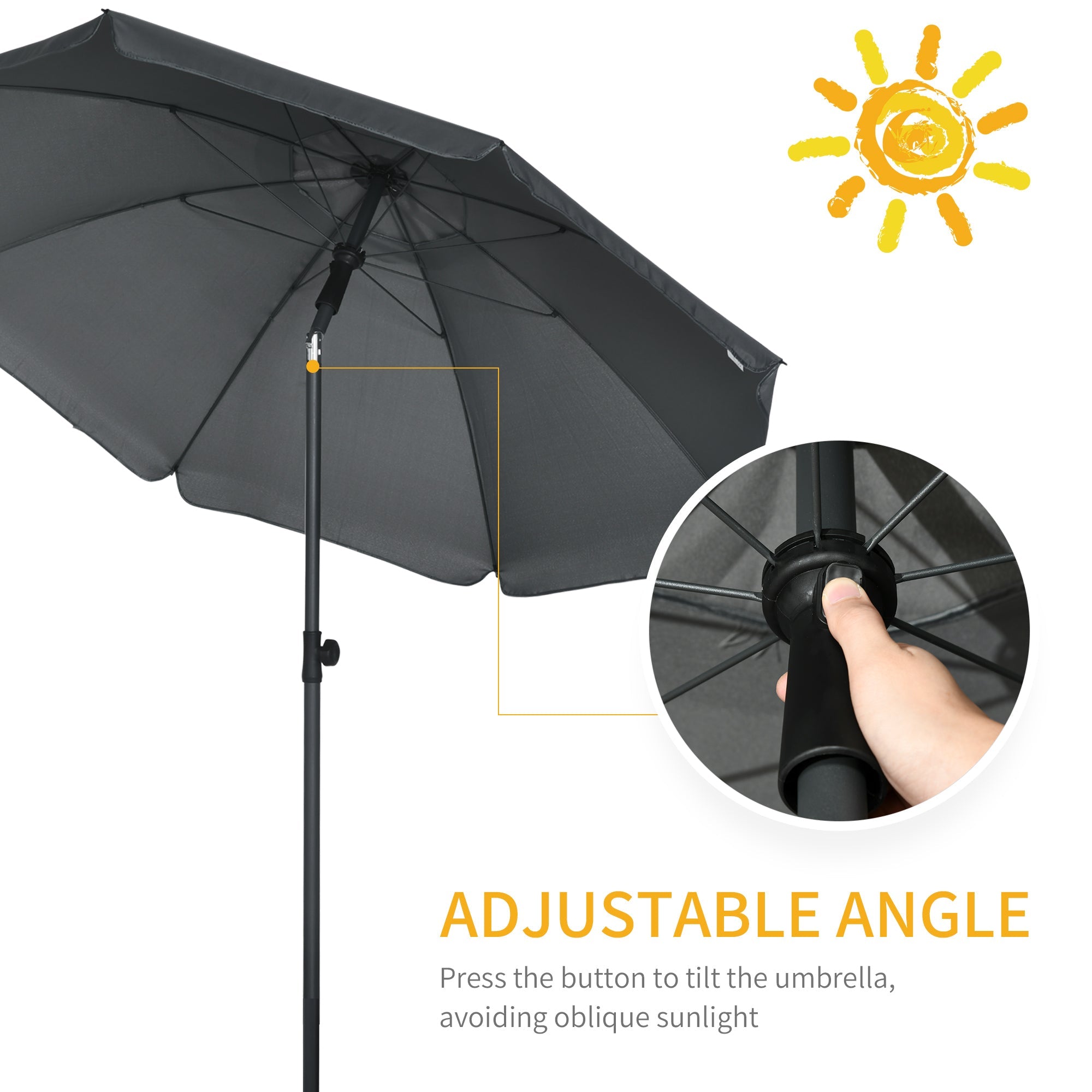 Outsunny 6FT Beach Umbrella Shade: UV50+ Vented Canopy Push Button Tilt Ruffled Dark Grey 